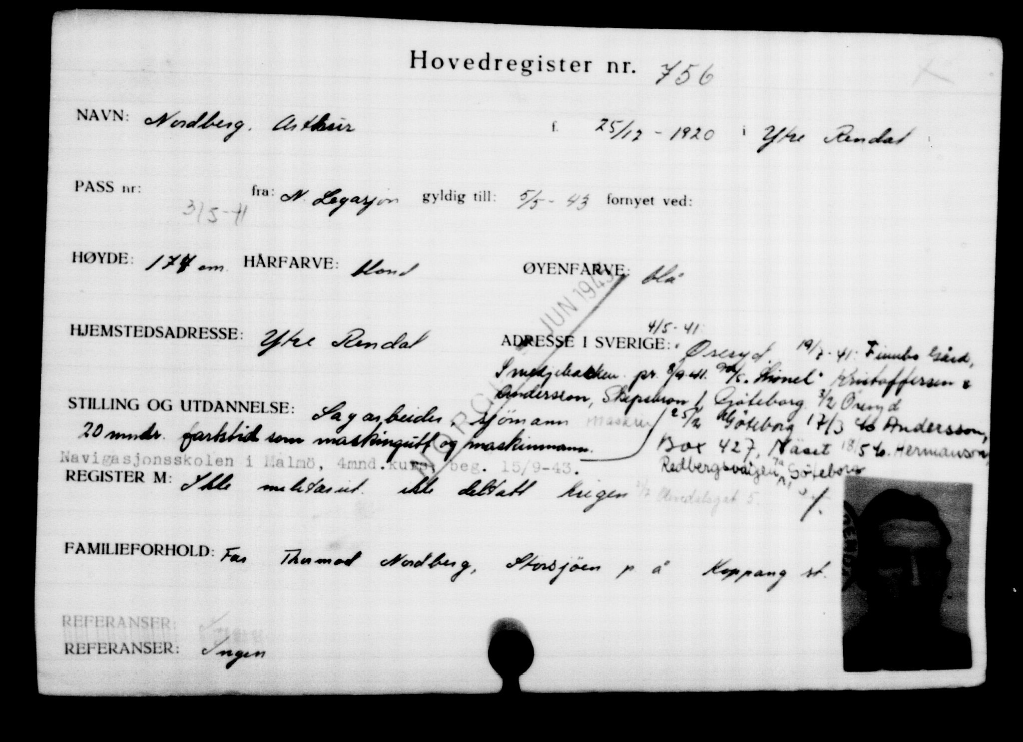 Utenriksstasjonene, Legasjonen i Stockholm, Flyktningkontoret, AV/RA-S-6753/V/Va/L0001: Kjesäterkartoteket, flyktninger med registreringsnr. 1-1000, 1940-1945, p. 1192