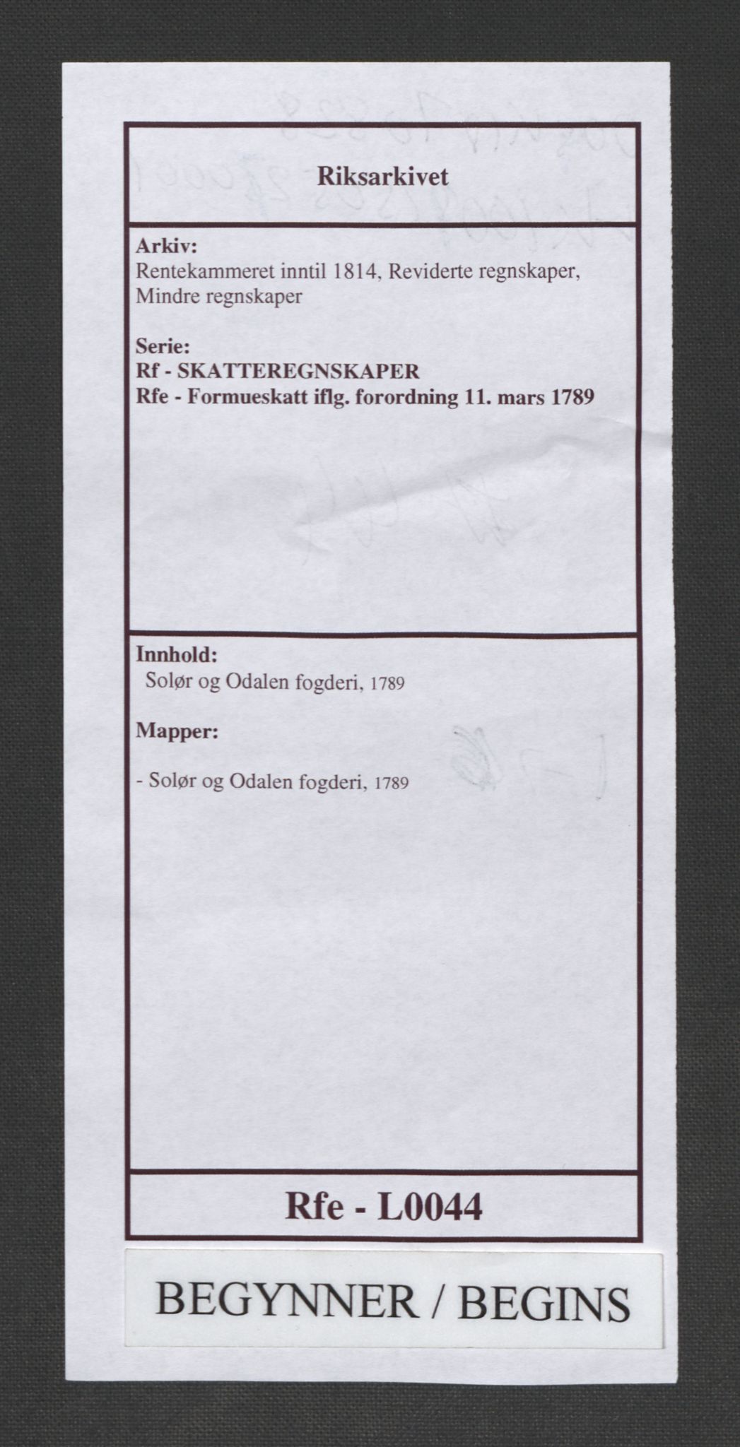 Rentekammeret inntil 1814, Reviderte regnskaper, Mindre regnskaper, AV/RA-EA-4068/Rf/Rfe/L0044:  Solør og Odalen fogderi, 1789, p. 1