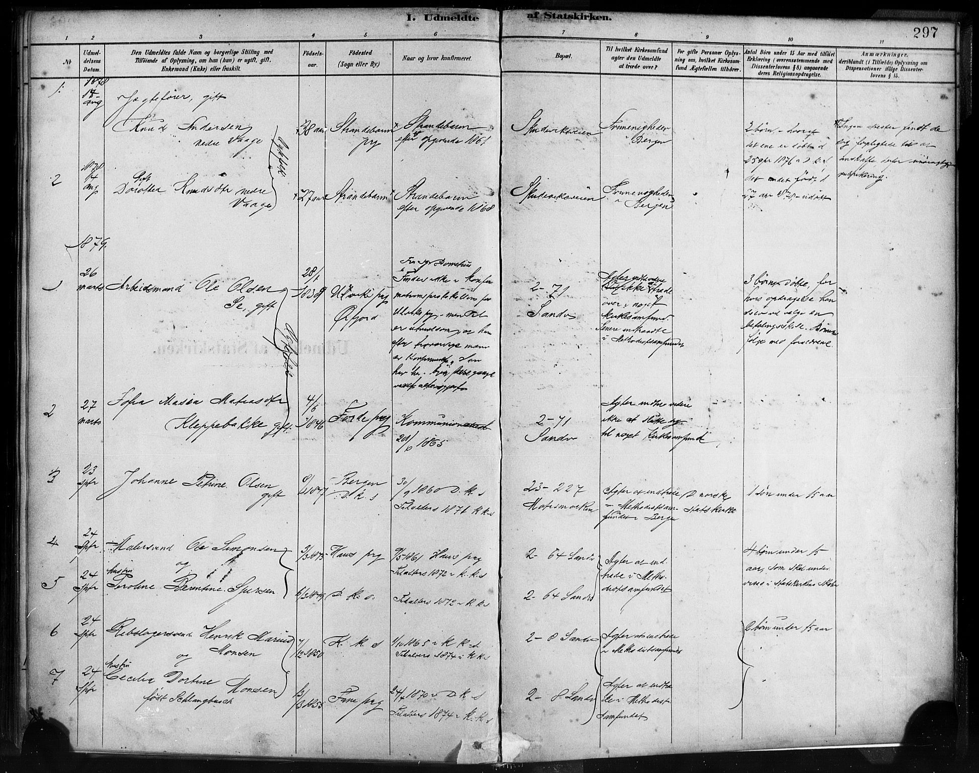Sandviken Sokneprestembete, SAB/A-77601/H/Ha/L0004: Parish register (official) no. B 1, 1878-1891, p. 297