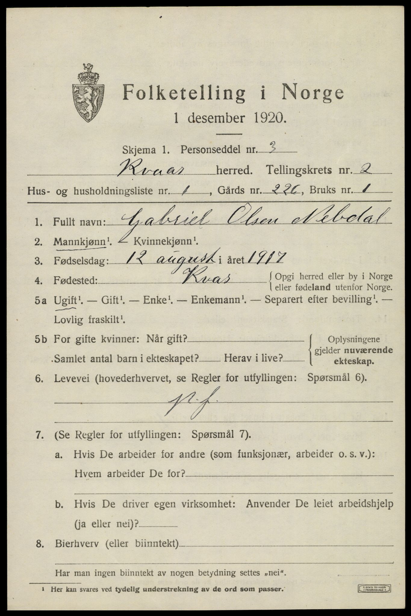 SAK, 1920 census for Kvås, 1920, p. 674