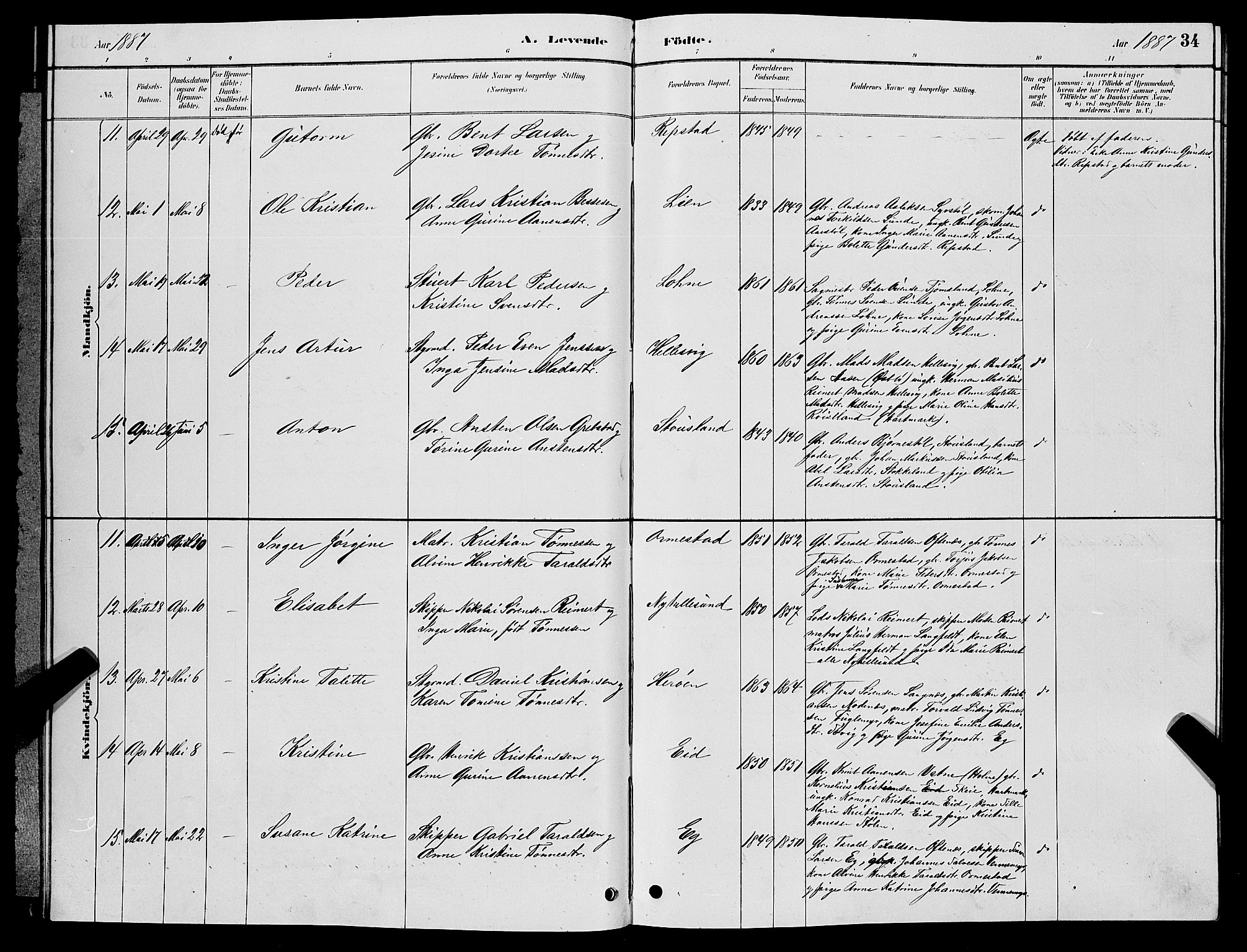 Søgne sokneprestkontor, SAK/1111-0037/F/Fb/Fbb/L0005: Parish register (copy) no. B 5, 1884-1891, p. 34