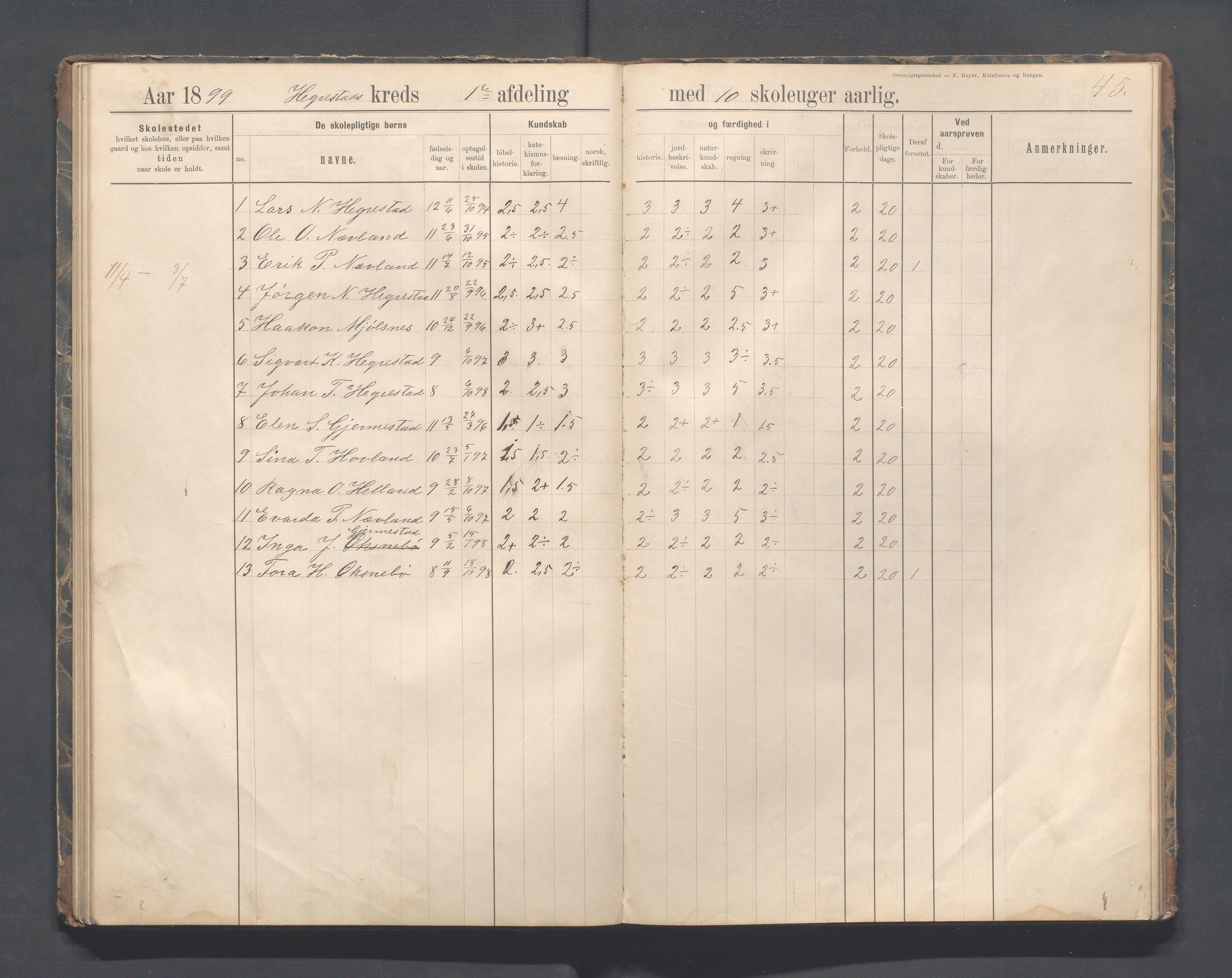 Eigersund kommune (Herredet) - Skolekommisjonen/skolestyret, IKAR/K-100453/Jb/L0007: Skoleprotokoll - Hegrestad og Helvik skoler, 1891-1899, p. 45