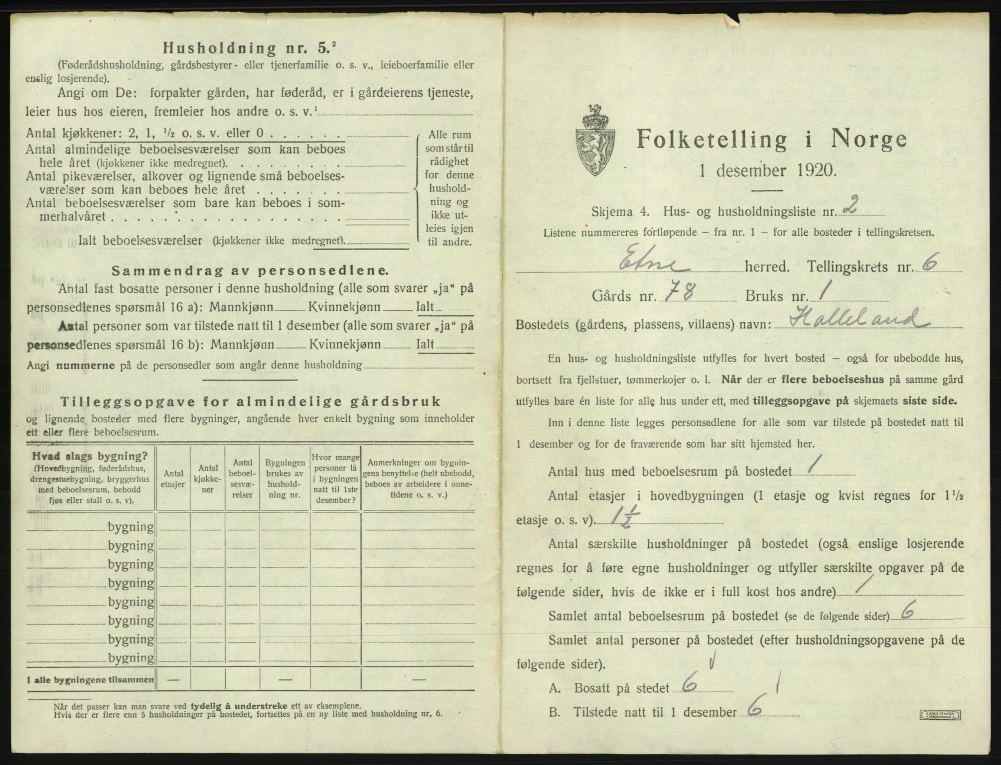 SAB, 1920 census for Etne, 1920, p. 416