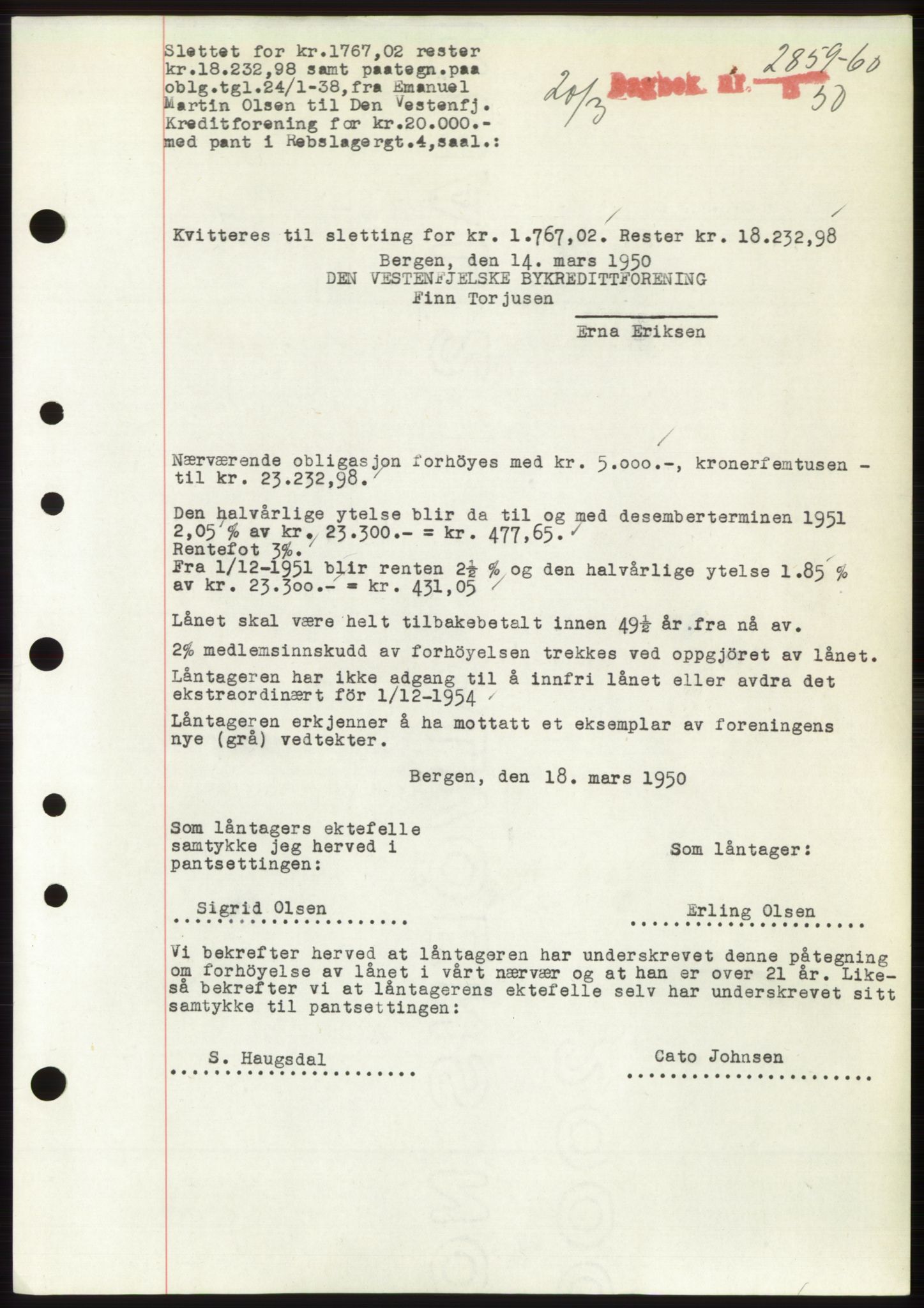 Byfogd og Byskriver i Bergen, AV/SAB-A-3401/03/03Bd/L0003: Mortgage book no. B29-39, 1947-1950, Diary no: : 2859/1950
