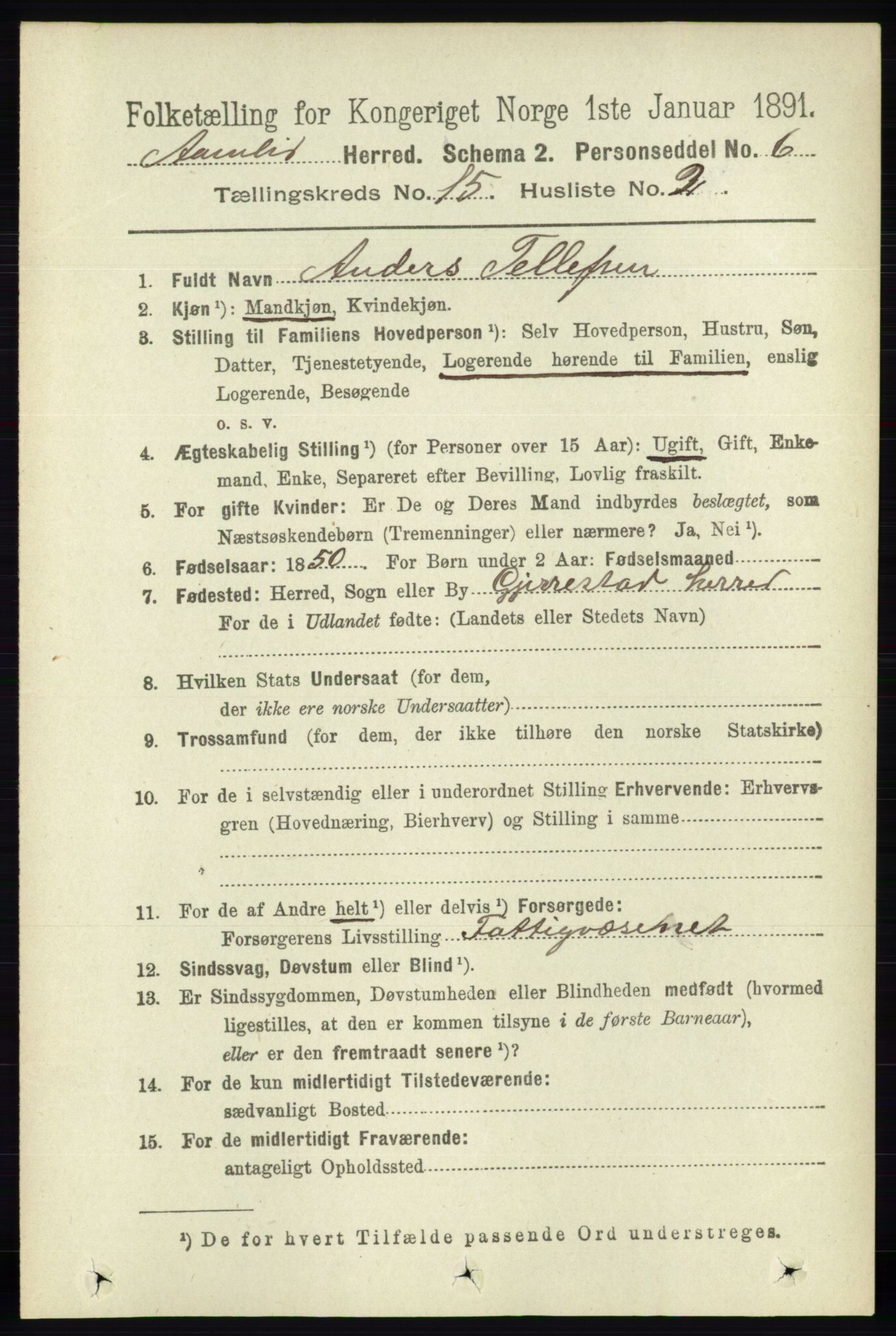 RA, 1891 census for 0929 Åmli, 1891, p. 2556