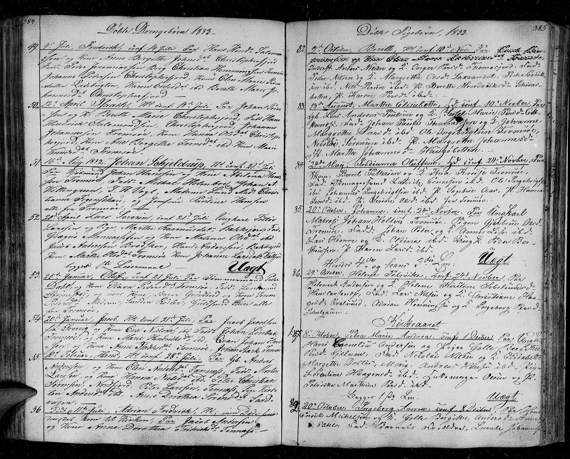 Tromsø sokneprestkontor/stiftsprosti/domprosti, AV/SATØ-S-1343/G/Ga/L0008kirke: Parish register (official) no. 8, 1829-1837, p. 384-385