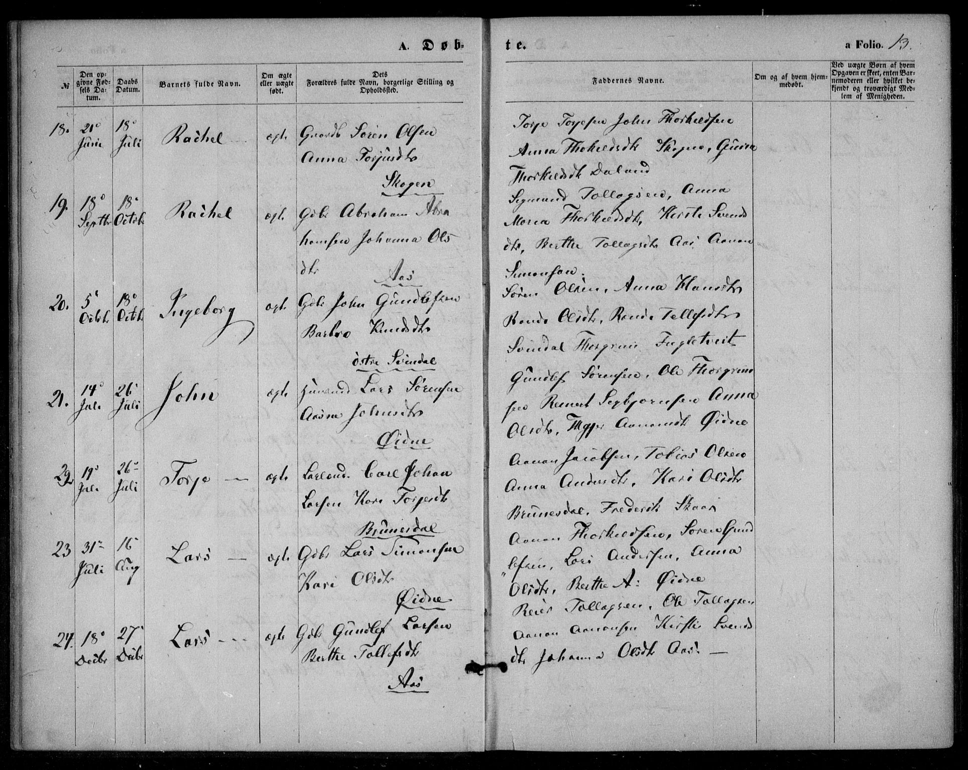 Bjelland sokneprestkontor, SAK/1111-0005/F/Fa/Fac/L0002: Parish register (official) no. A 2, 1866-1887, p. 13
