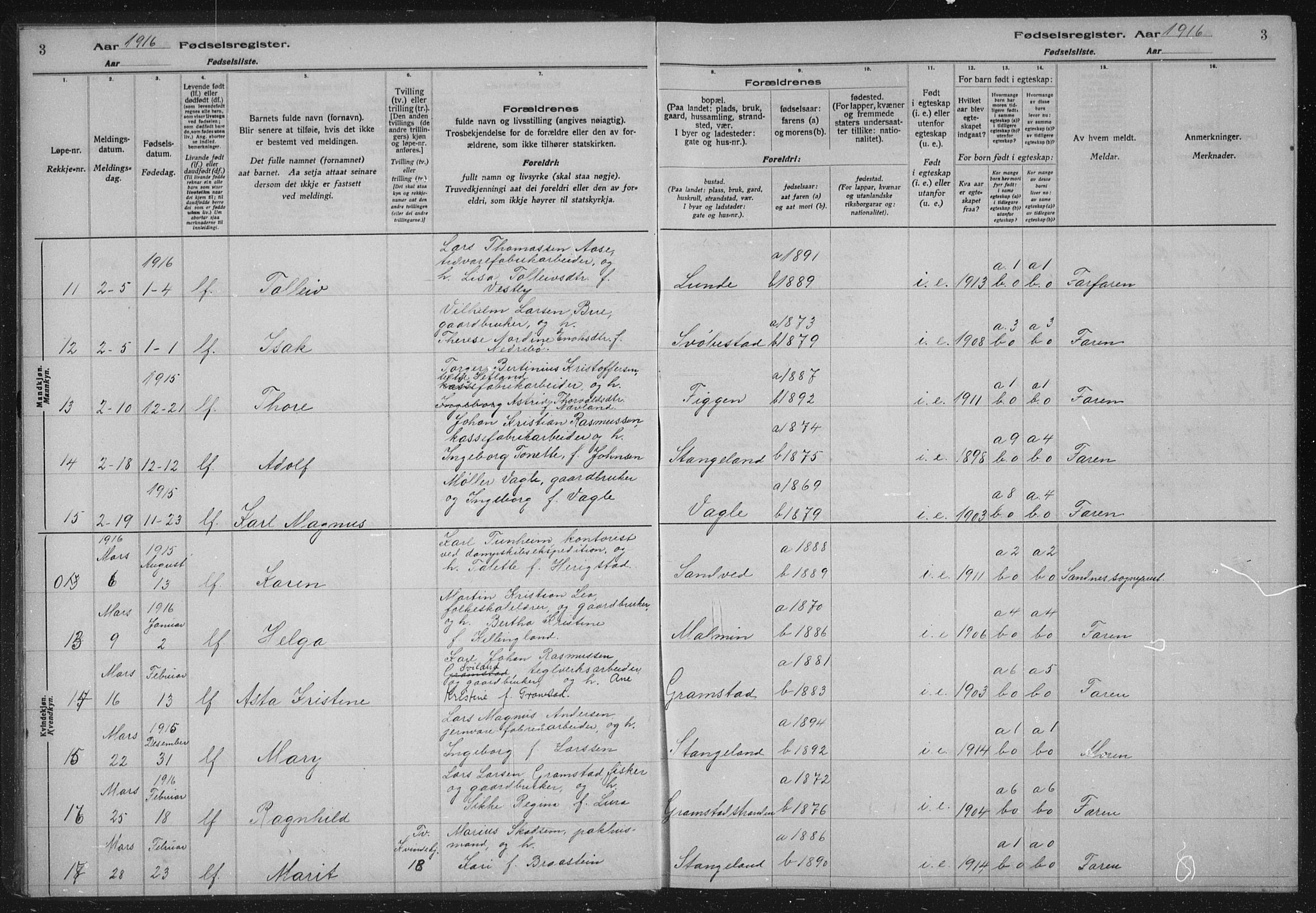 Høyland sokneprestkontor, AV/SAST-A-101799/002/O/L0001: Birth register no. 1, 1916-1924, p. 3