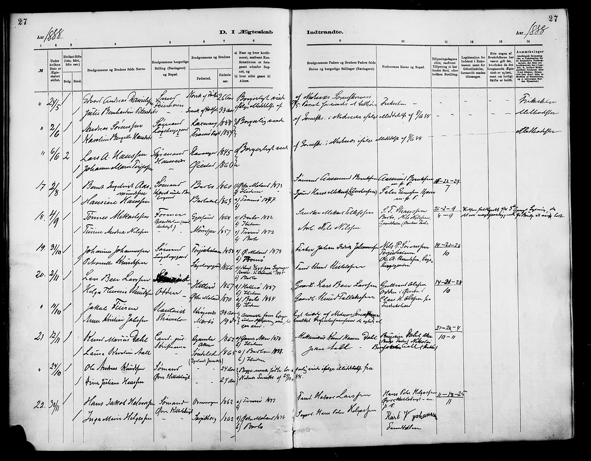 Barbu sokneprestkontor, AV/SAK-1111-0003/F/Fa/L0003: Parish register (official) no. A 3, 1883-1898, p. 27