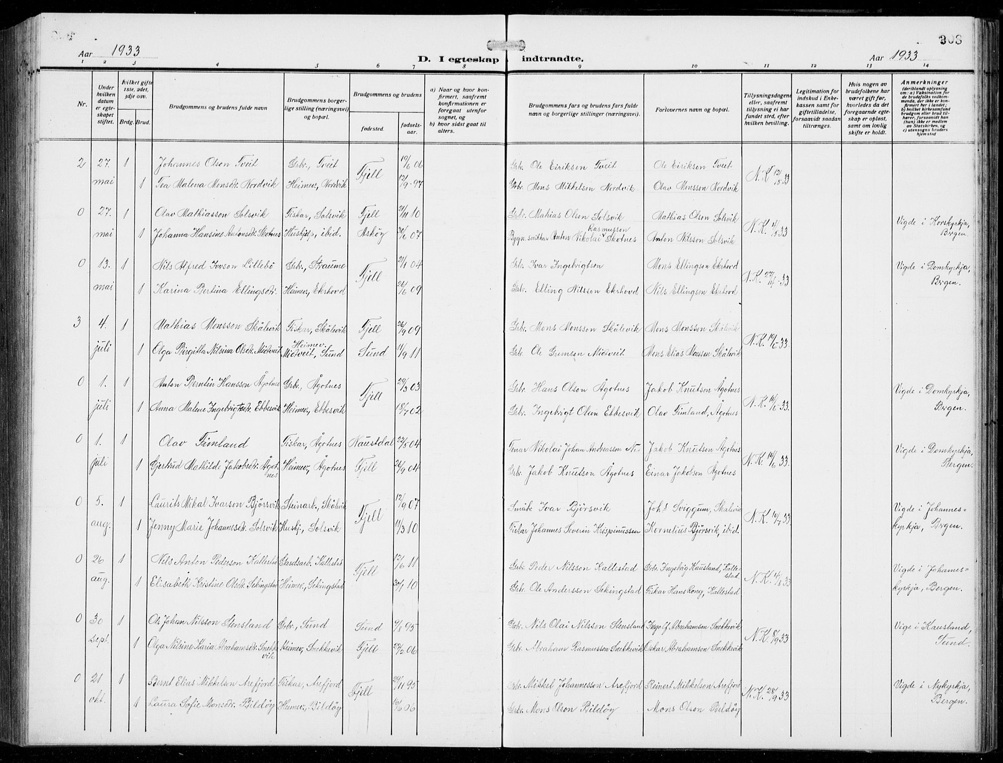 Fjell sokneprestembete, AV/SAB-A-75301/H/Hab: Parish register (copy) no. A  6, 1918-1936, p. 308