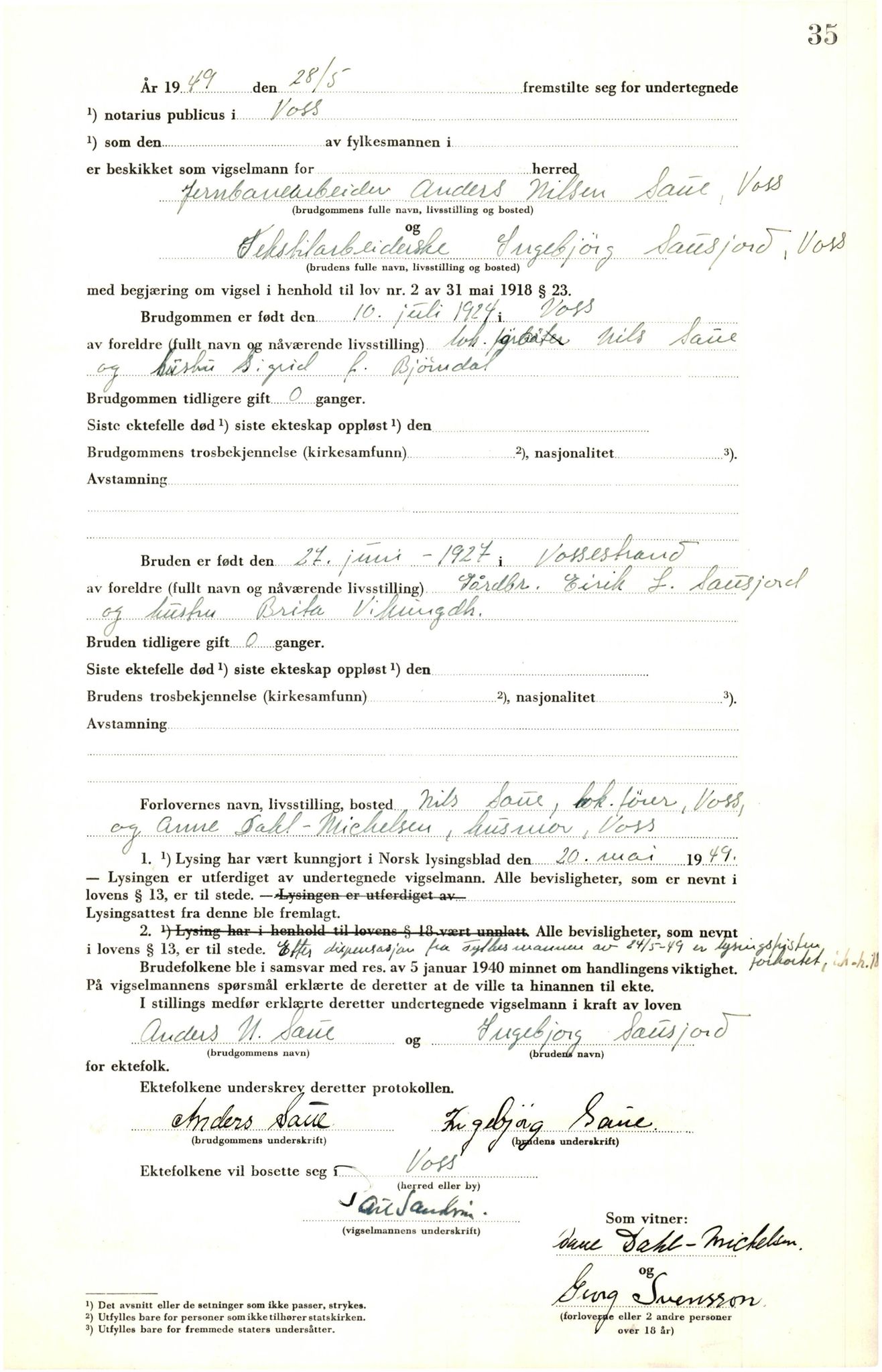 Voss sorenskrivar, AV/SAB-A-2701/M/Maa/L0003: Vigselbok, 1945-1969, p. 35