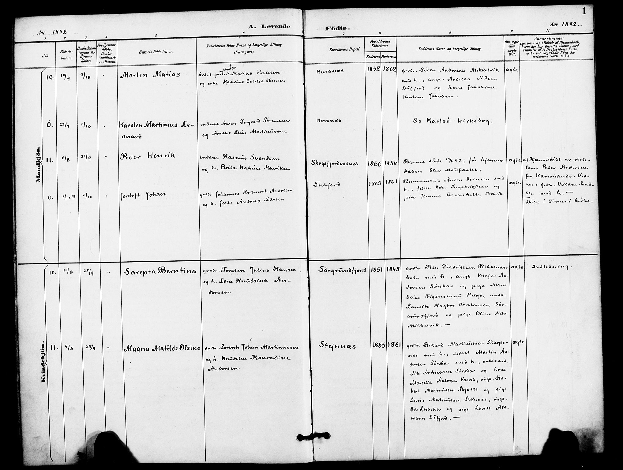 Karlsøy sokneprestembete, AV/SATØ-S-1299/H/Ha/Haa/L0012kirke: Parish register (official) no. 12, 1892-1902, p. 1