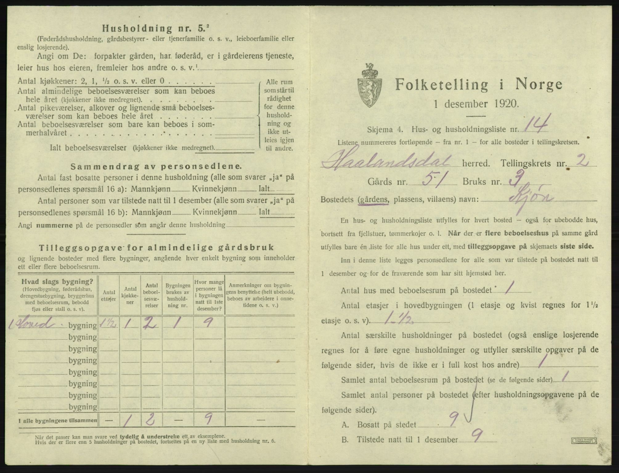 SAB, 1920 census for Hålandsdal, 1920, p. 86