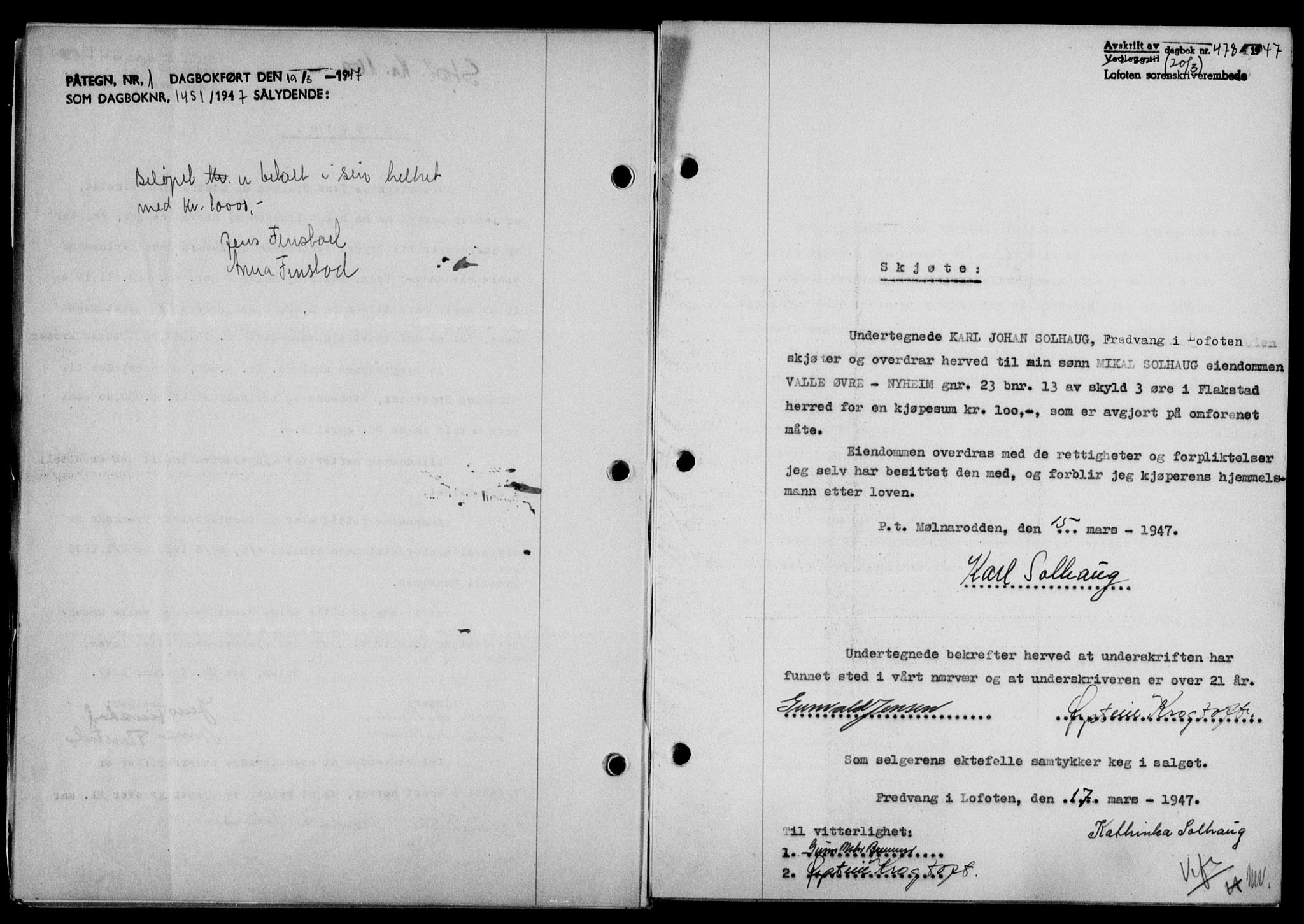 Lofoten sorenskriveri, SAT/A-0017/1/2/2C/L0015a: Mortgage book no. 15a, 1946-1947, Diary no: : 478/1947