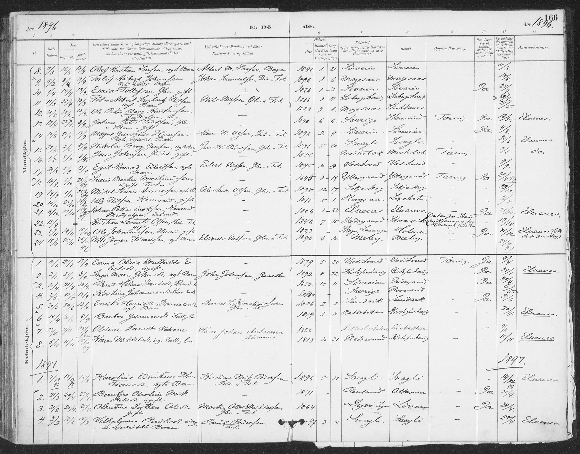 Ibestad sokneprestembete, AV/SATØ-S-0077/H/Ha/Haa/L0015kirke: Parish register (official) no. 15, 1888-1899, p. 166