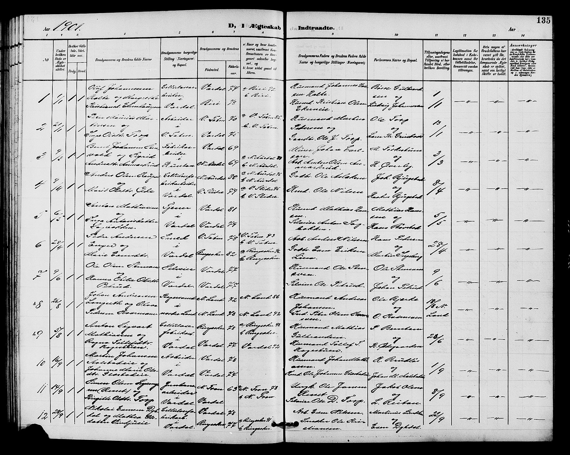 Vardal prestekontor, SAH/PREST-100/H/Ha/Hab/L0011: Parish register (copy) no. 11, 1899-1913, p. 135