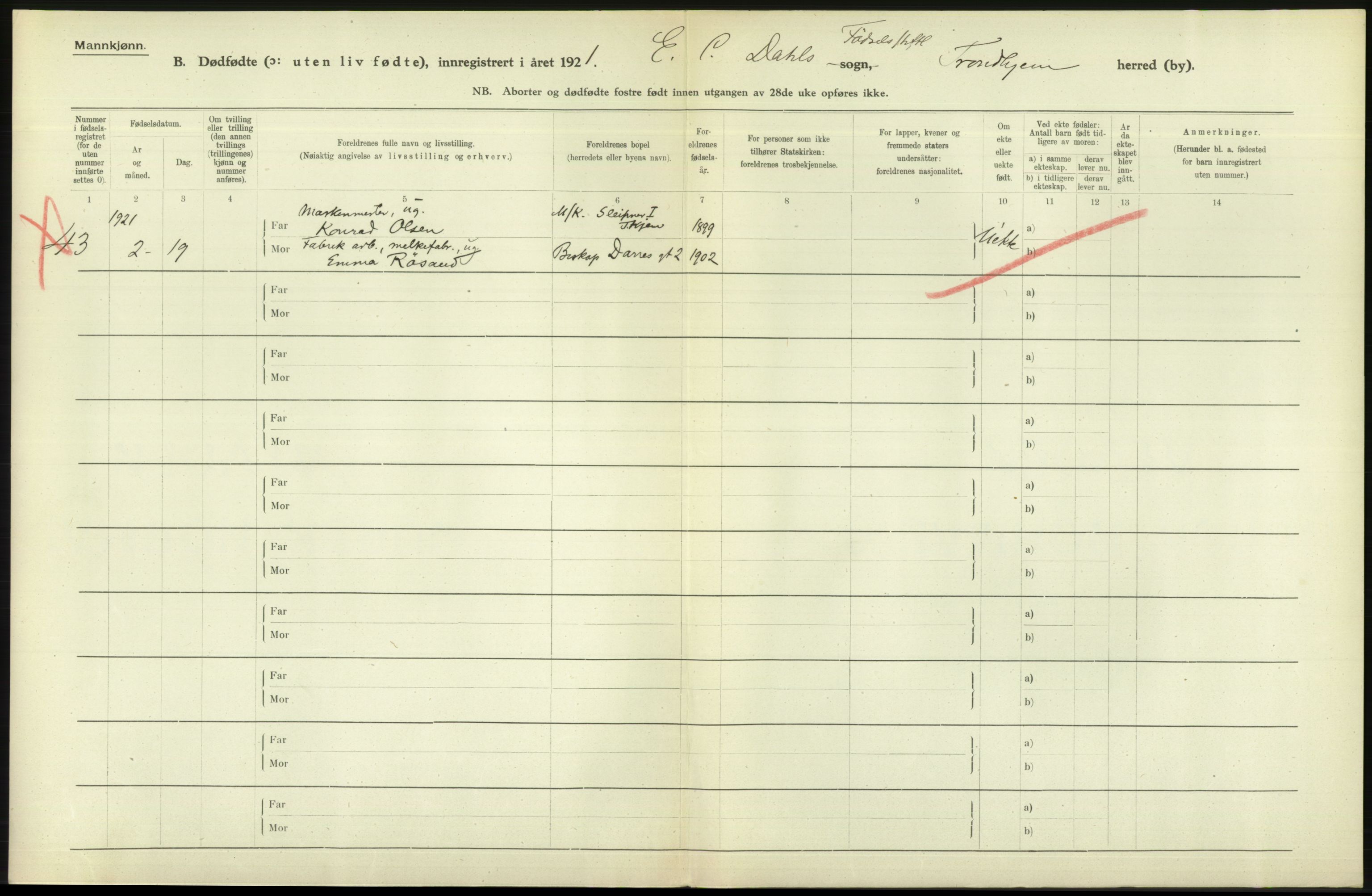 Statistisk sentralbyrå, Sosiodemografiske emner, Befolkning, AV/RA-S-2228/D/Df/Dfc/Dfca/L0046: Trondheim: Døde, dødfødte., 1921, p. 300