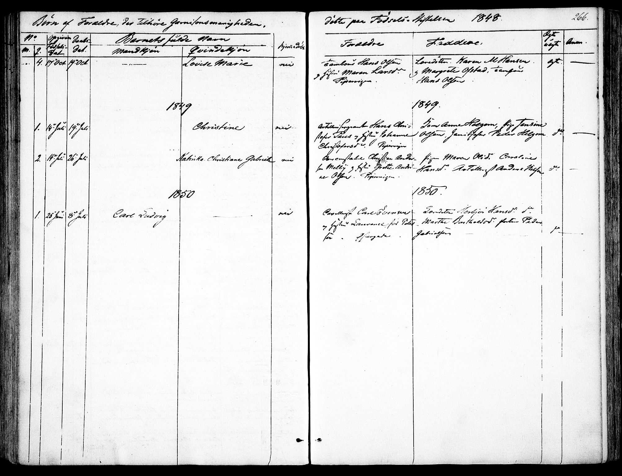 Garnisonsmenigheten Kirkebøker, AV/SAO-A-10846/F/Fa/L0008: Parish register (official) no. 8, 1842-1859, p. 266