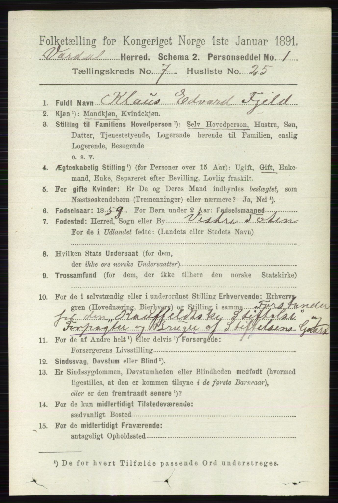 RA, 1891 census for 0527 Vardal, 1891, p. 3126