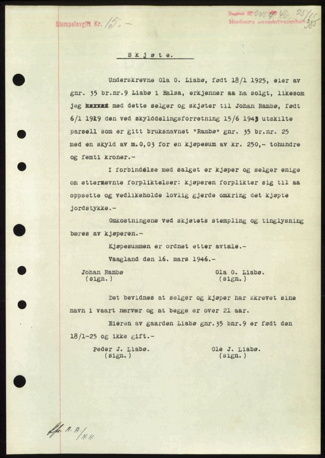 Nordmøre sorenskriveri, AV/SAT-A-4132/1/2/2Ca: Mortgage book no. A103, 1946-1947, Diary no: : 2454/1946