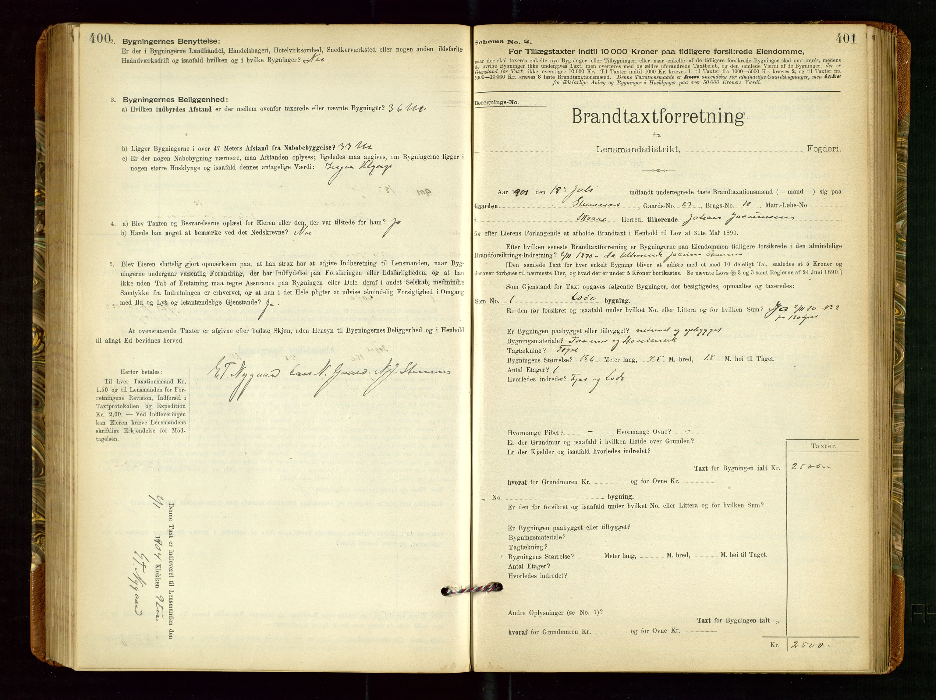 Torvestad lensmannskontor, SAST/A-100307/1/Gob/L0002: "Brandtakstprotokol for Lensmanden i Torvestad", 1900-1905, p. 400-401