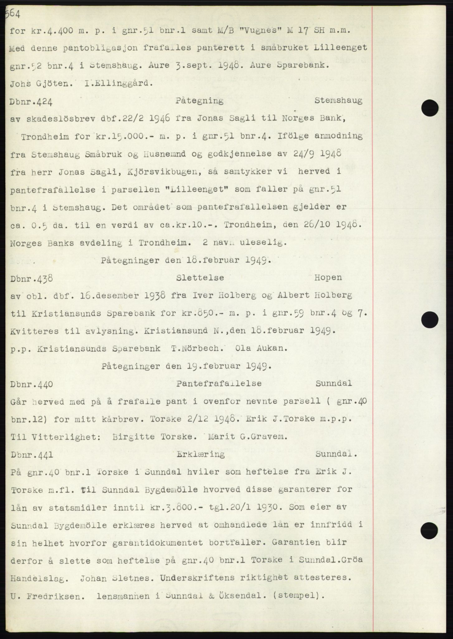 Nordmøre sorenskriveri, AV/SAT-A-4132/1/2/2Ca: Mortgage book no. C82b, 1946-1951, Diary no: : 424/1949