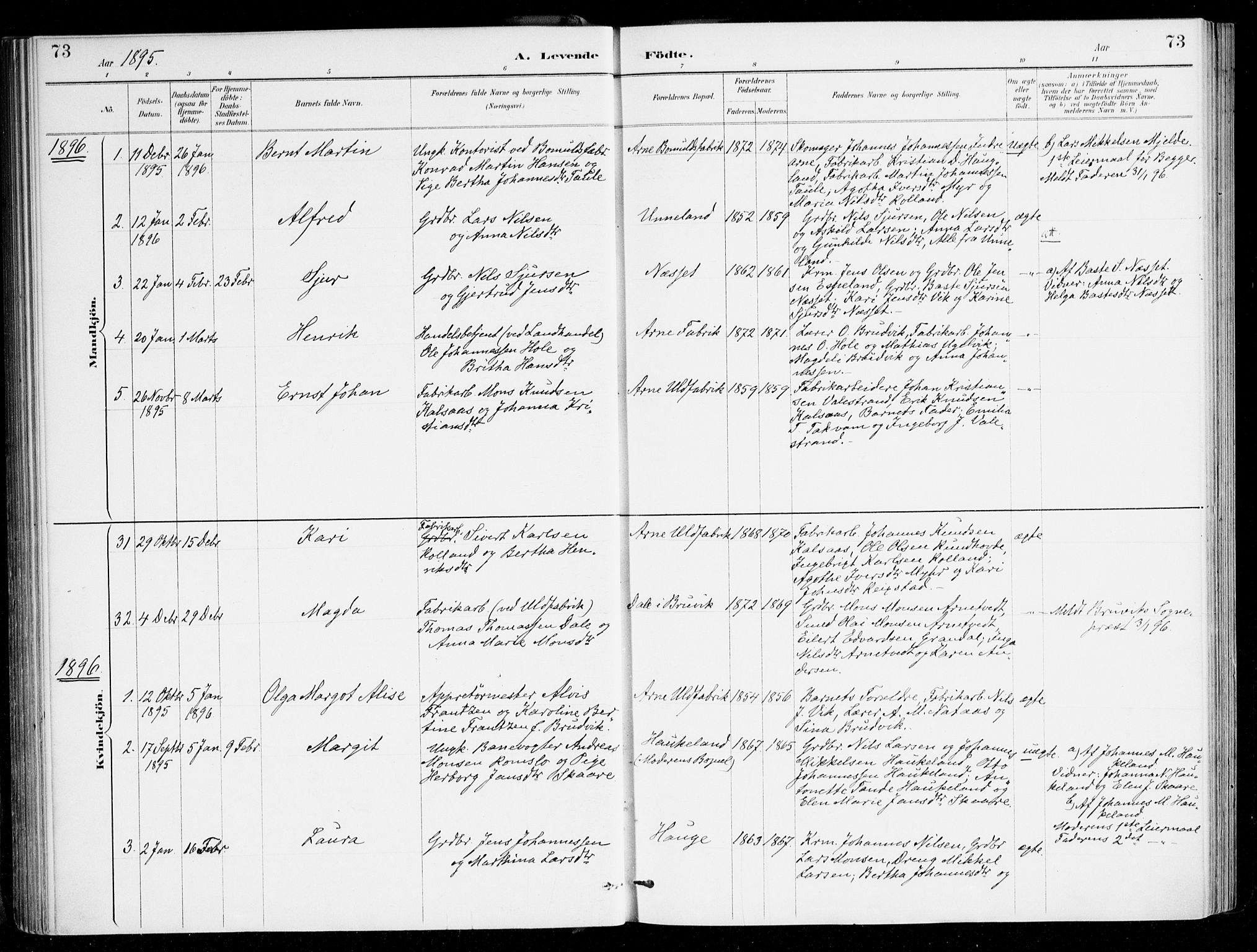 Haus sokneprestembete, SAB/A-75601/H/Haa/Haad/L0001: Parish register (official) no. D 1, 1887-1898, p. 73