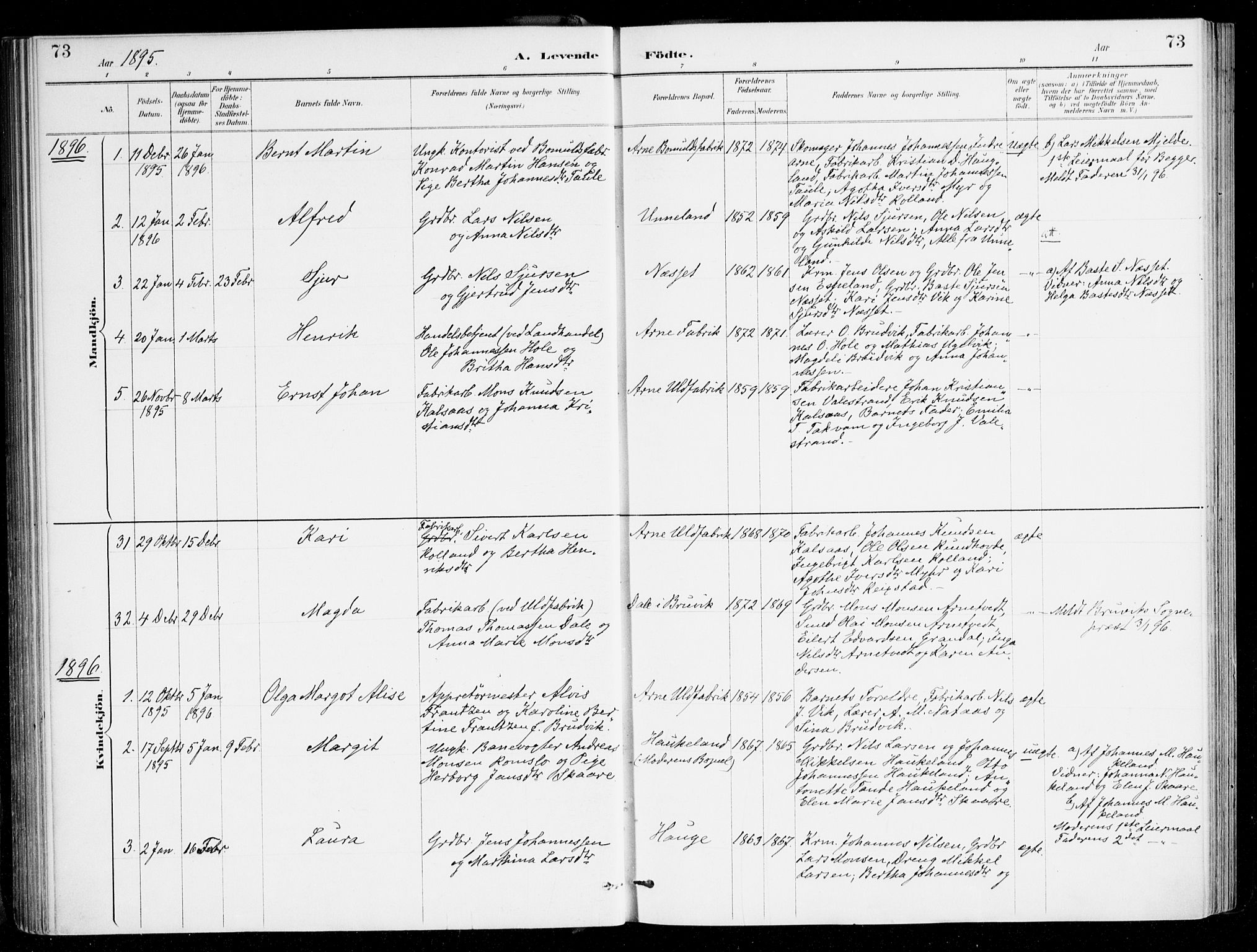 Haus sokneprestembete, AV/SAB-A-75601/H/Haa/Haad/L0001: Parish register (official) no. D 1, 1887-1898, p. 73
