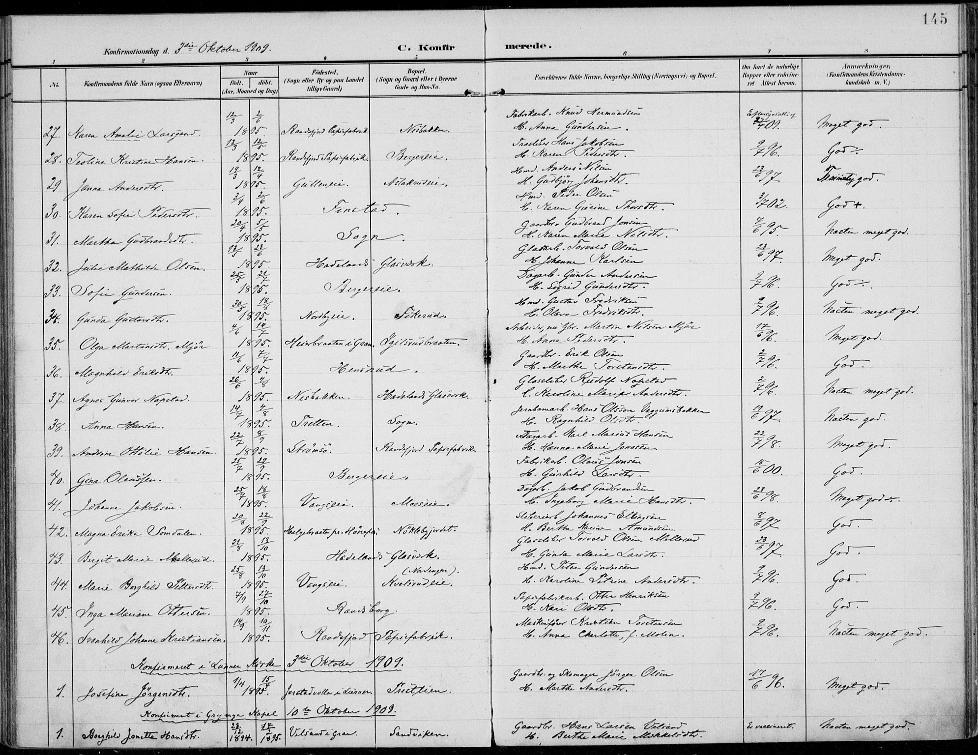 Jevnaker prestekontor, SAH/PREST-116/H/Ha/Haa/L0011: Parish register (official) no. 11, 1902-1913, p. 145