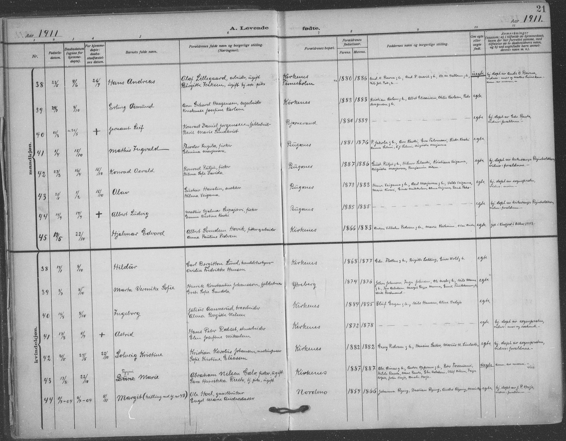 Sør-Varanger sokneprestkontor, AV/SATØ-S-1331/H/Ha/L0005kirke: Parish register (official) no. 5, 1909-1919, p. 21