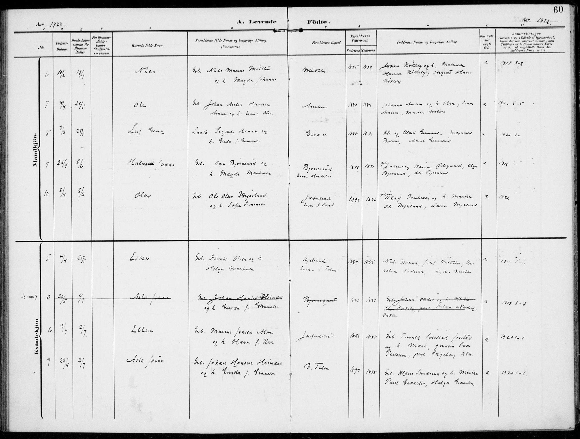 Kolbu prestekontor, SAH/PREST-110/H/Ha/Haa/L0001: Parish register (official) no. 1, 1907-1923, p. 60