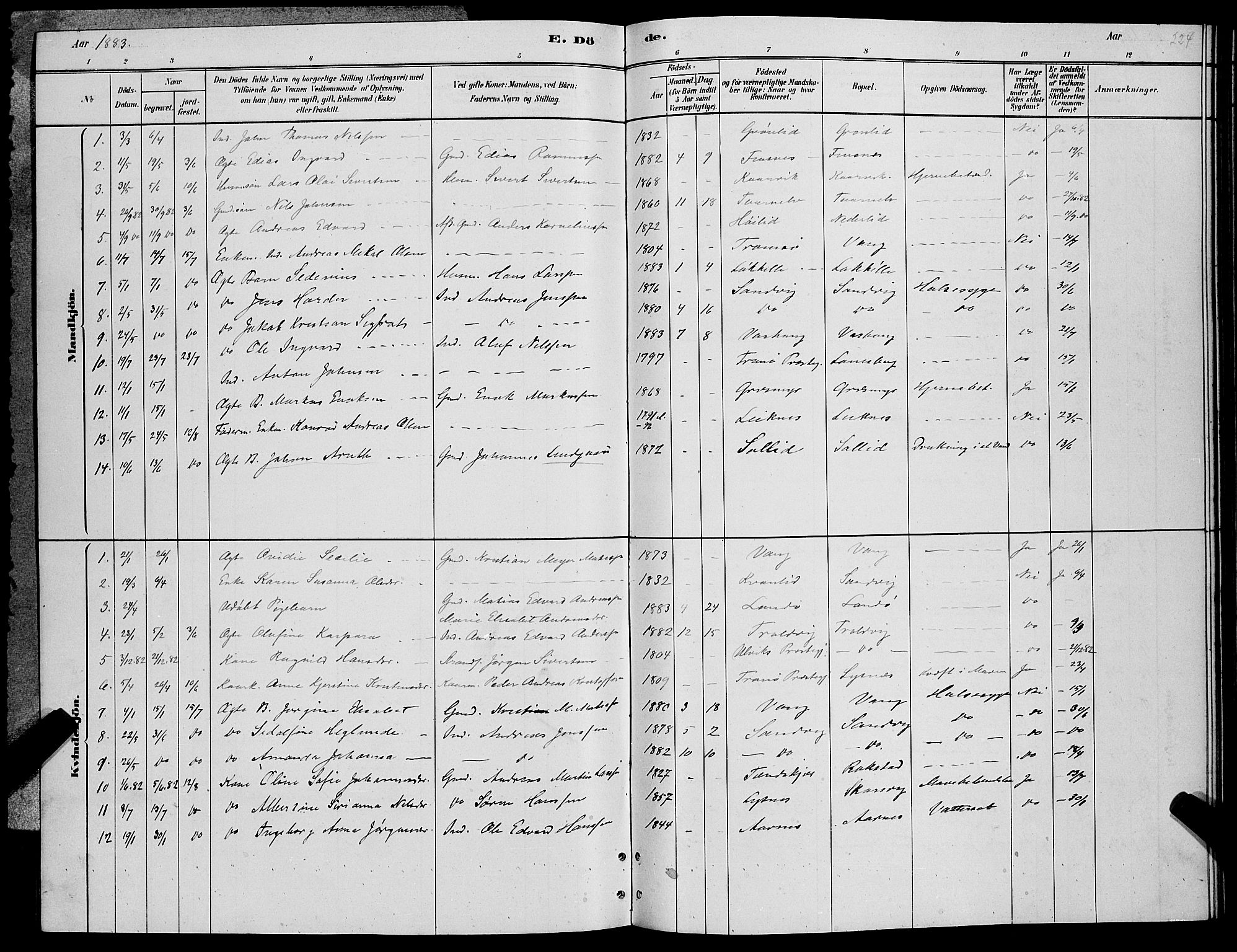 Lenvik sokneprestembete, AV/SATØ-S-1310/H/Ha/Hab/L0006klokker: Parish register (copy) no. 6, 1881-1889, p. 224