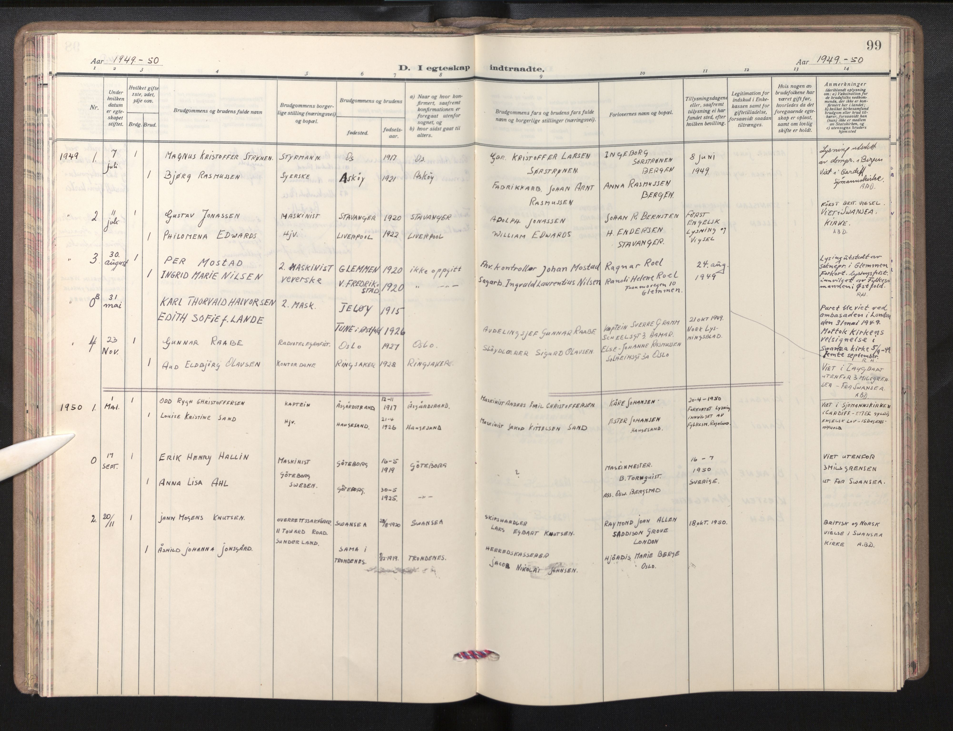 Den norske sjømannsmisjon i utlandet/Bristolhavnene(Cardiff-Swansea), SAB/SAB/PA-0102/H/Ha/Haa/L0003: Parish register (official) no. A 3, 1932-1966, p. 98b-99a
