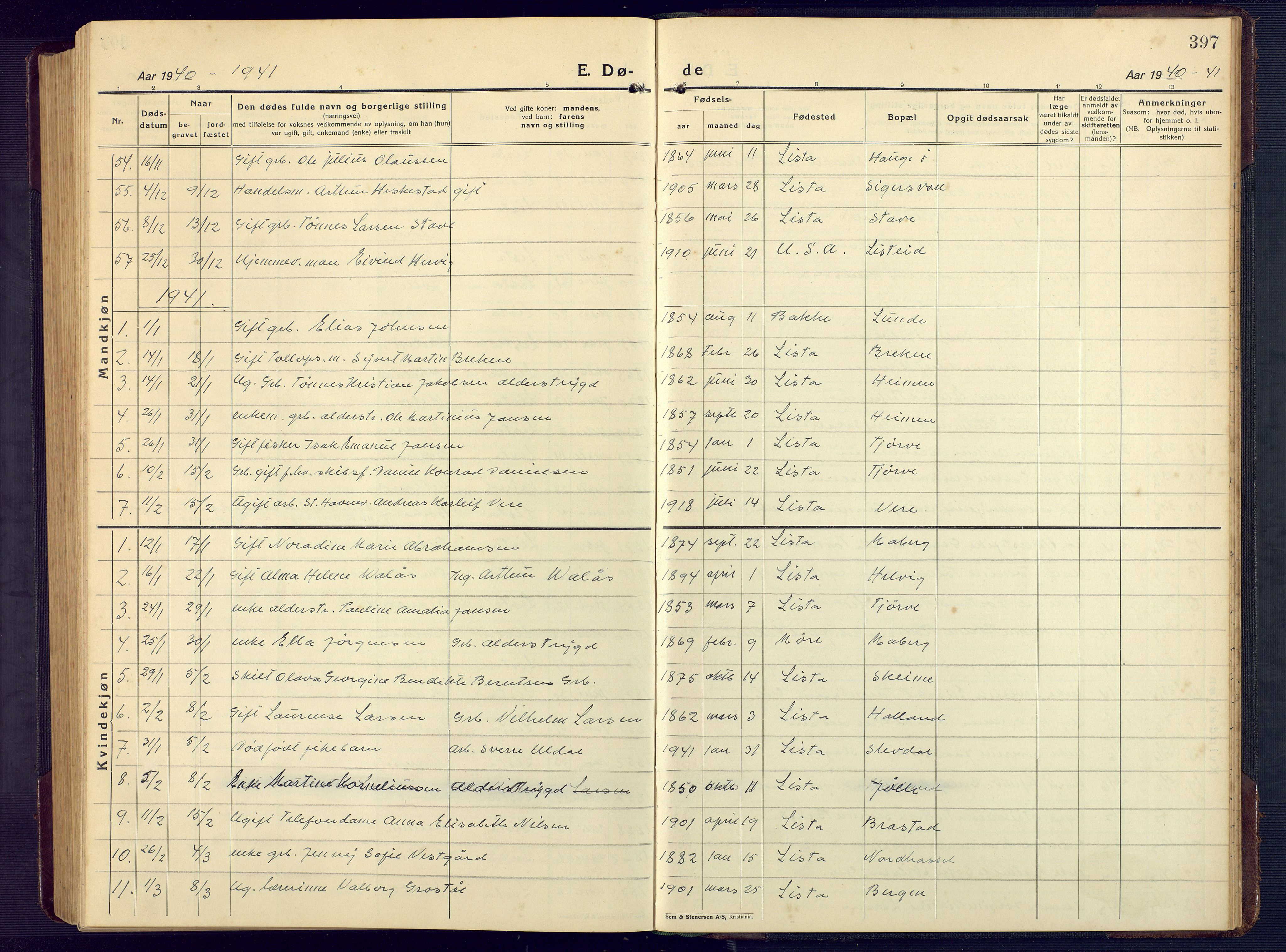 Lista sokneprestkontor, SAK/1111-0027/F/Fb/L0006: Parish register (copy) no. B 6, 1924-1947, p. 397