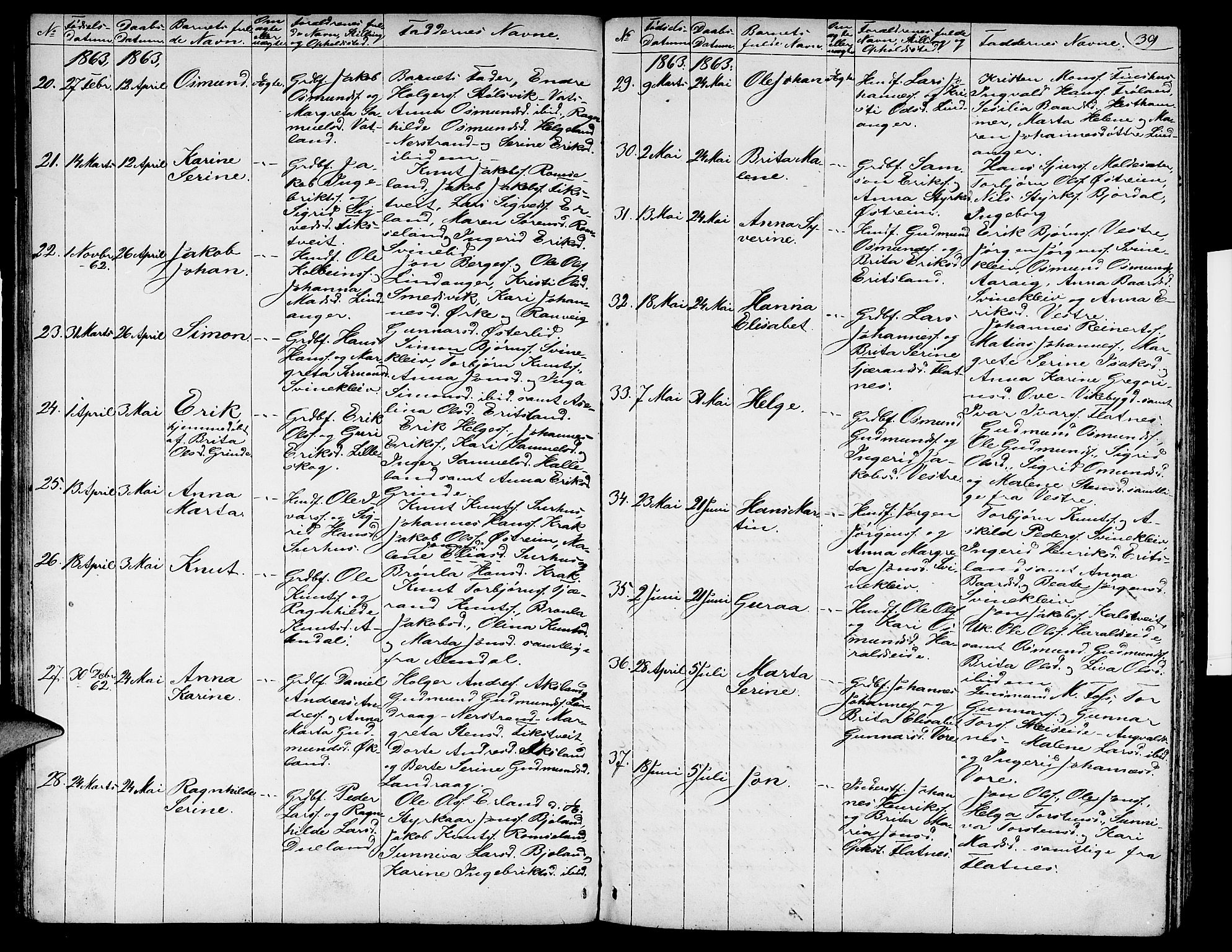 Skjold sokneprestkontor, SAST/A-101847/H/Ha/Hab/L0003: Parish register (copy) no. B 3, 1850-1867, p. 39