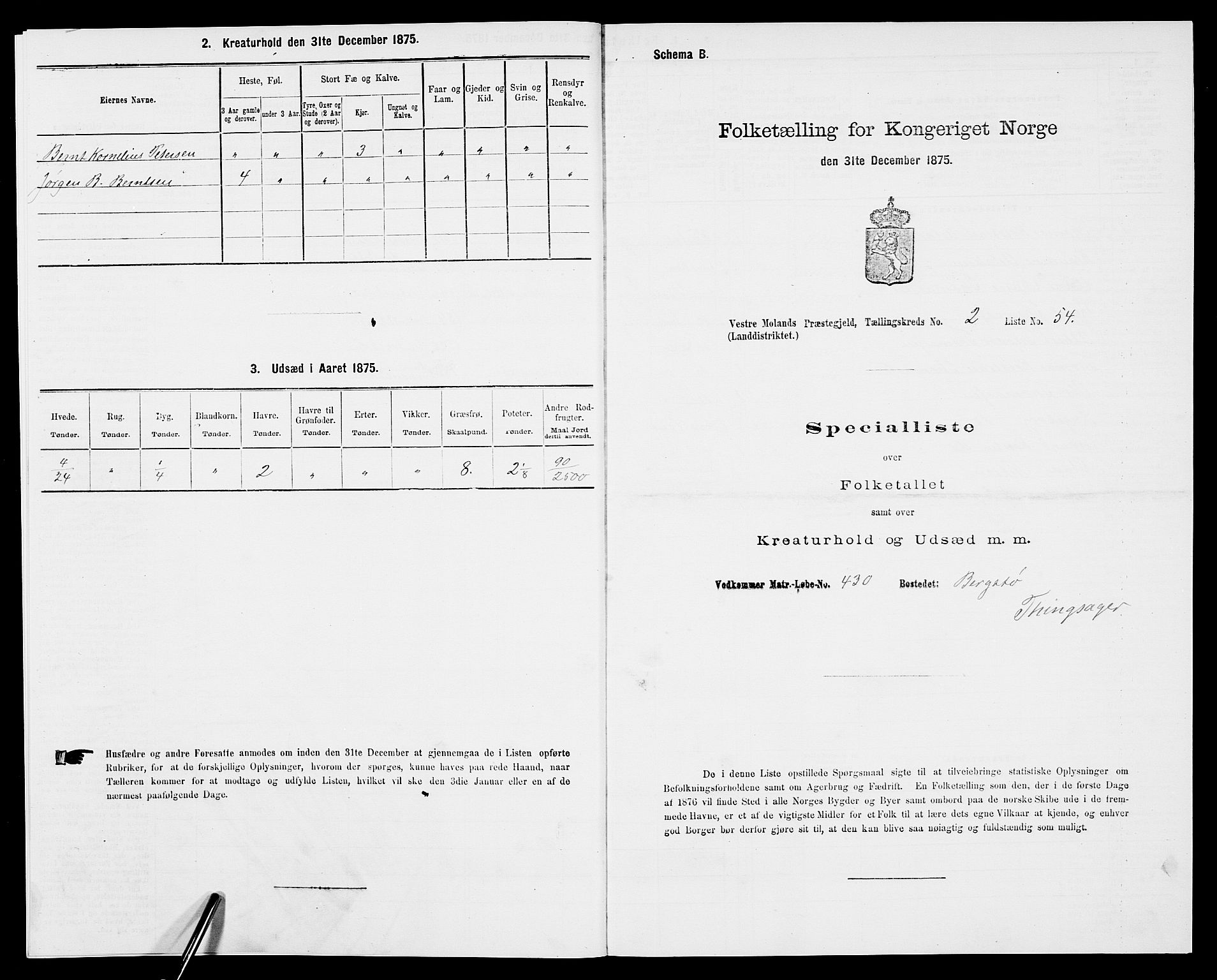 SAK, 1875 census for 0926L Vestre Moland/Vestre Moland, 1875, p. 286