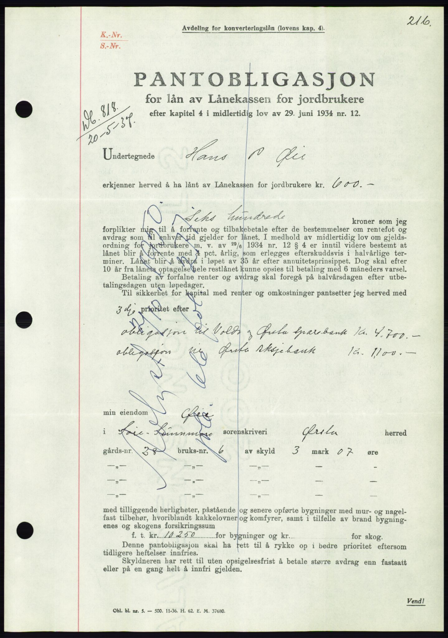 Søre Sunnmøre sorenskriveri, AV/SAT-A-4122/1/2/2C/L0063: Mortgage book no. 57, 1937-1937, Diary no: : 818/1937