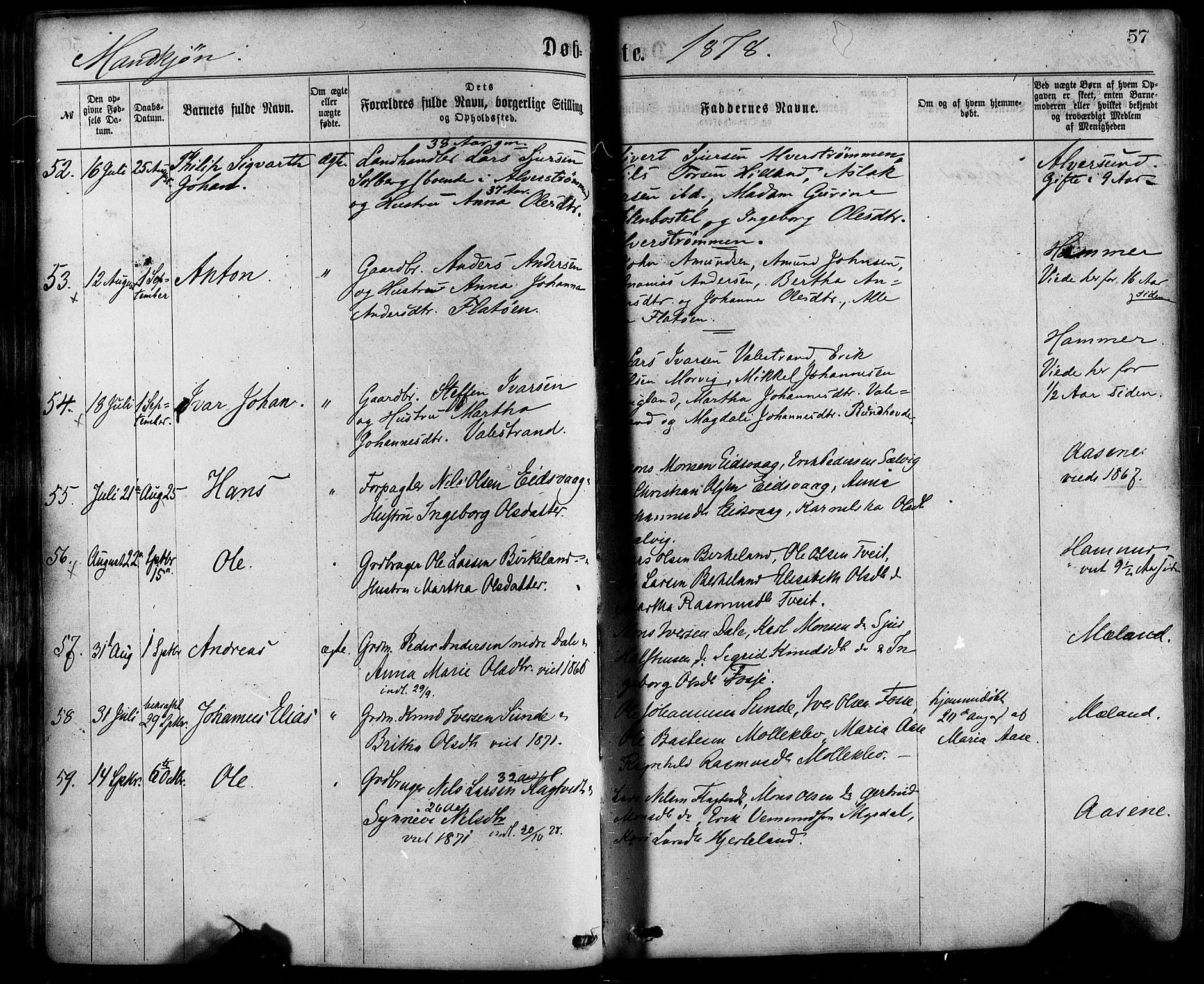 Hamre sokneprestembete, AV/SAB-A-75501/H/Ha/Haa/Haaa/L0015: Parish register (official) no. A 15, 1870-1881, p. 57