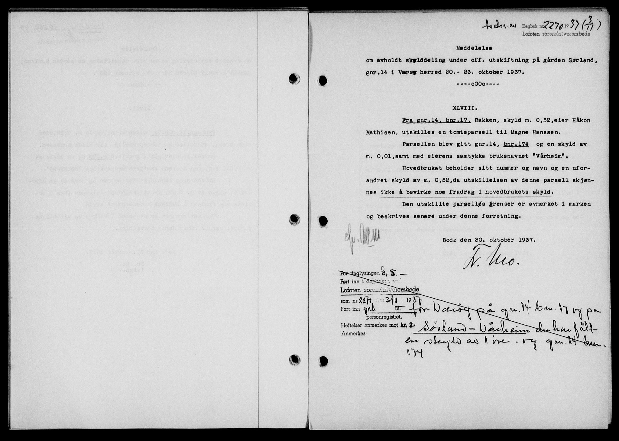 Lofoten sorenskriveri, SAT/A-0017/1/2/2C/L0003a: Mortgage book no. 3a, 1937-1938, Diary no: : 2270/1937