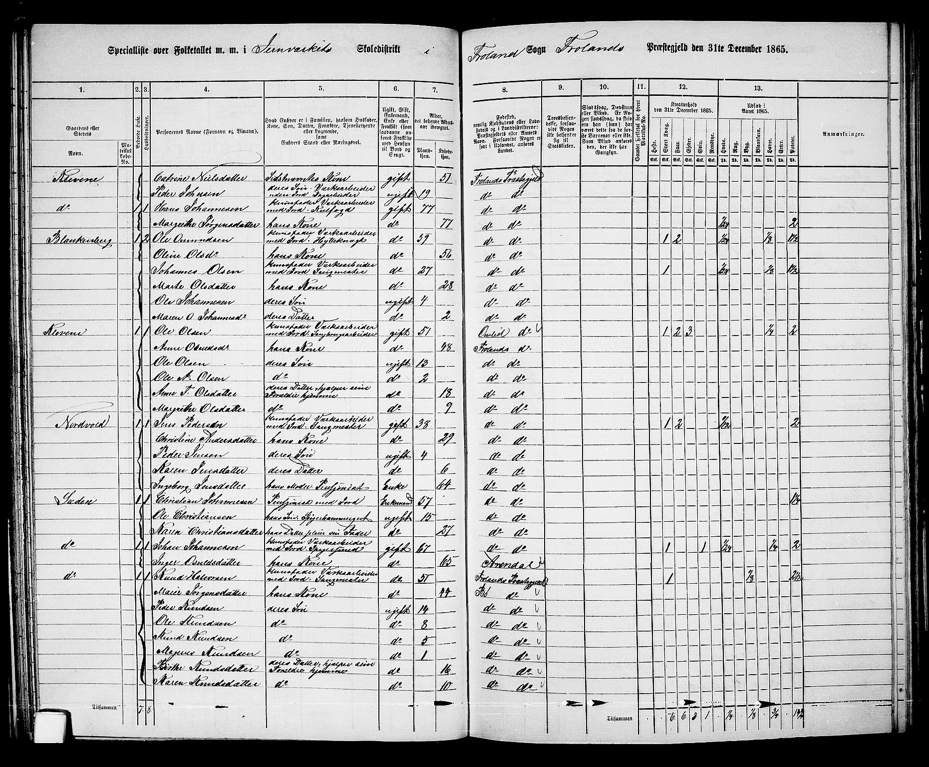 RA, 1865 census for Froland, 1865, p. 43
