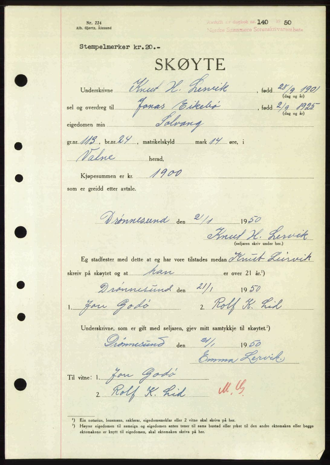 Nordre Sunnmøre sorenskriveri, AV/SAT-A-0006/1/2/2C/2Ca: Mortgage book no. A33, 1949-1950, Diary no: : 140/1950