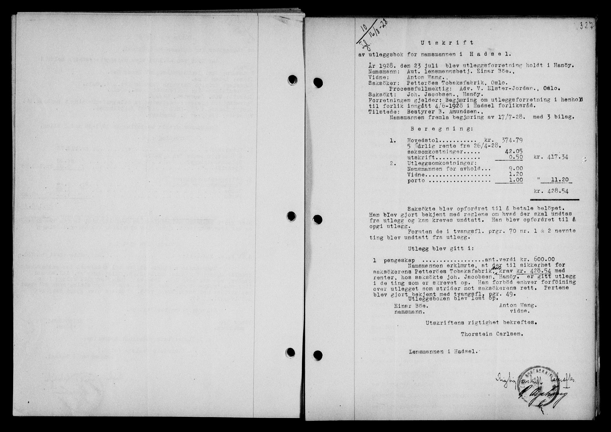 Vesterålen sorenskriveri, SAT/A-4180/1/2/2Ca/L0046: Mortgage book no. 39, 1928-1928, Deed date: 16.08.1928