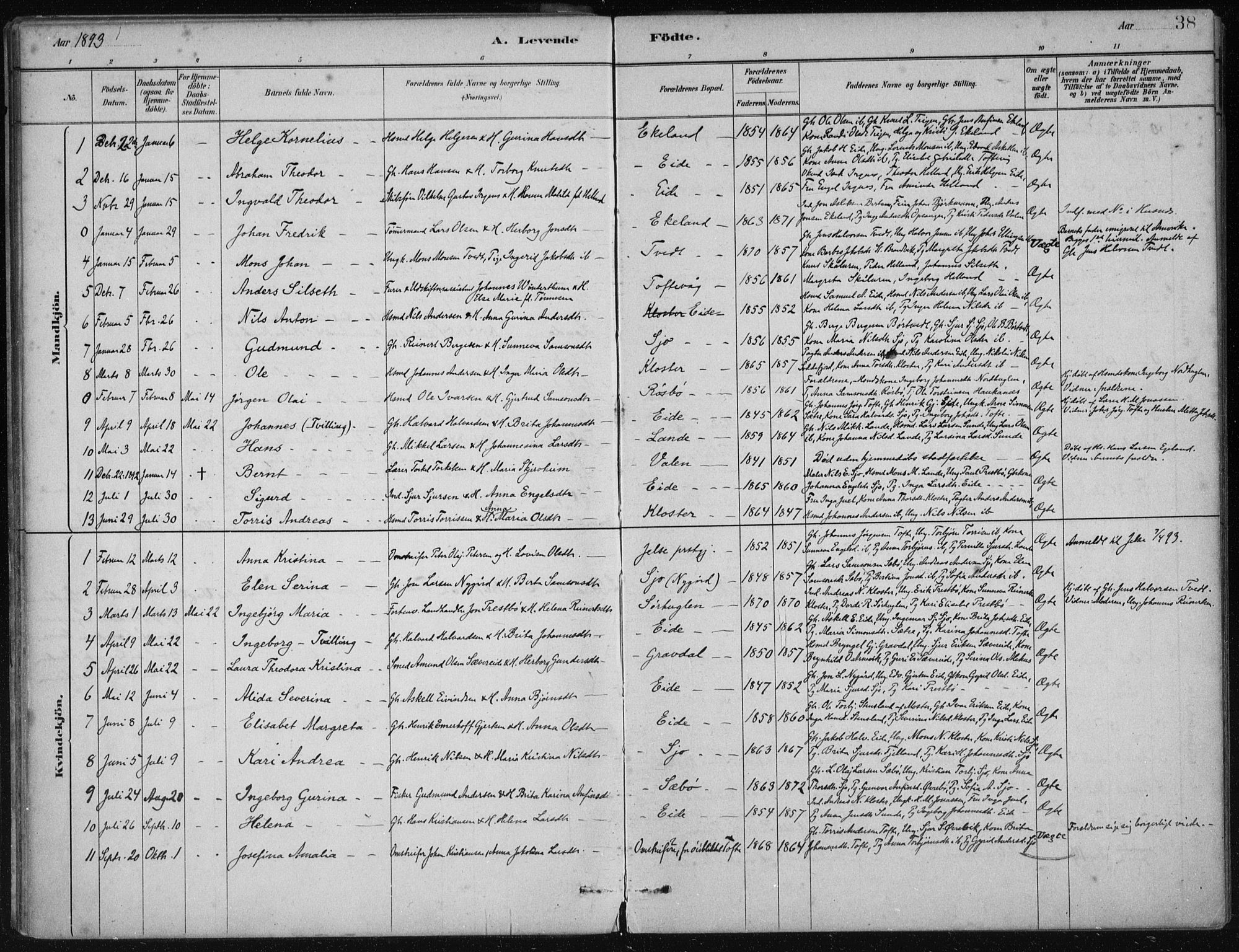 Fjelberg sokneprestembete, SAB/A-75201/H/Haa: Parish register (official) no. C  1, 1879-1918, p. 38