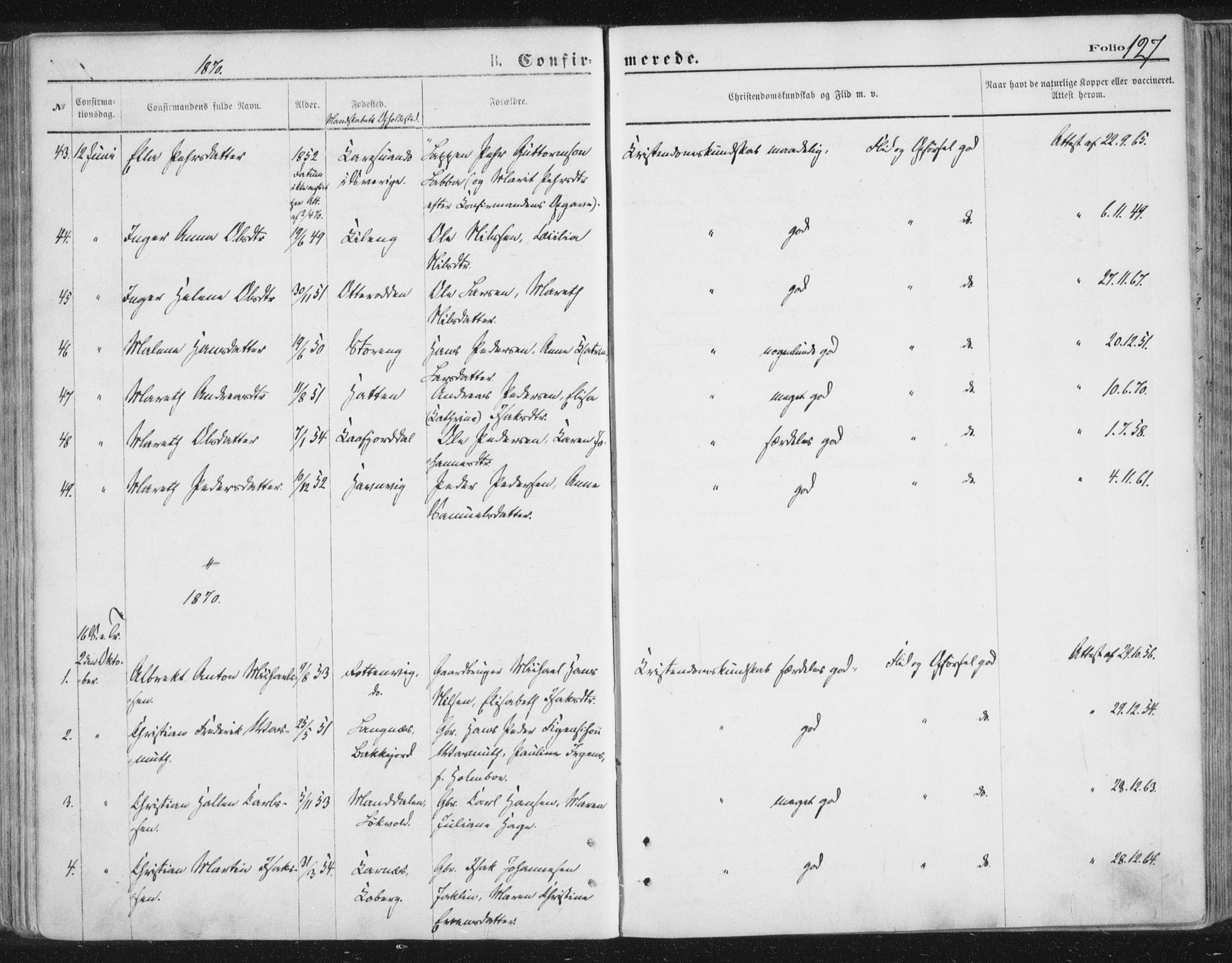 Lyngen sokneprestembete, AV/SATØ-S-1289/H/He/Hea/L0006kirke: Parish register (official) no. 6, 1870-1878, p. 127