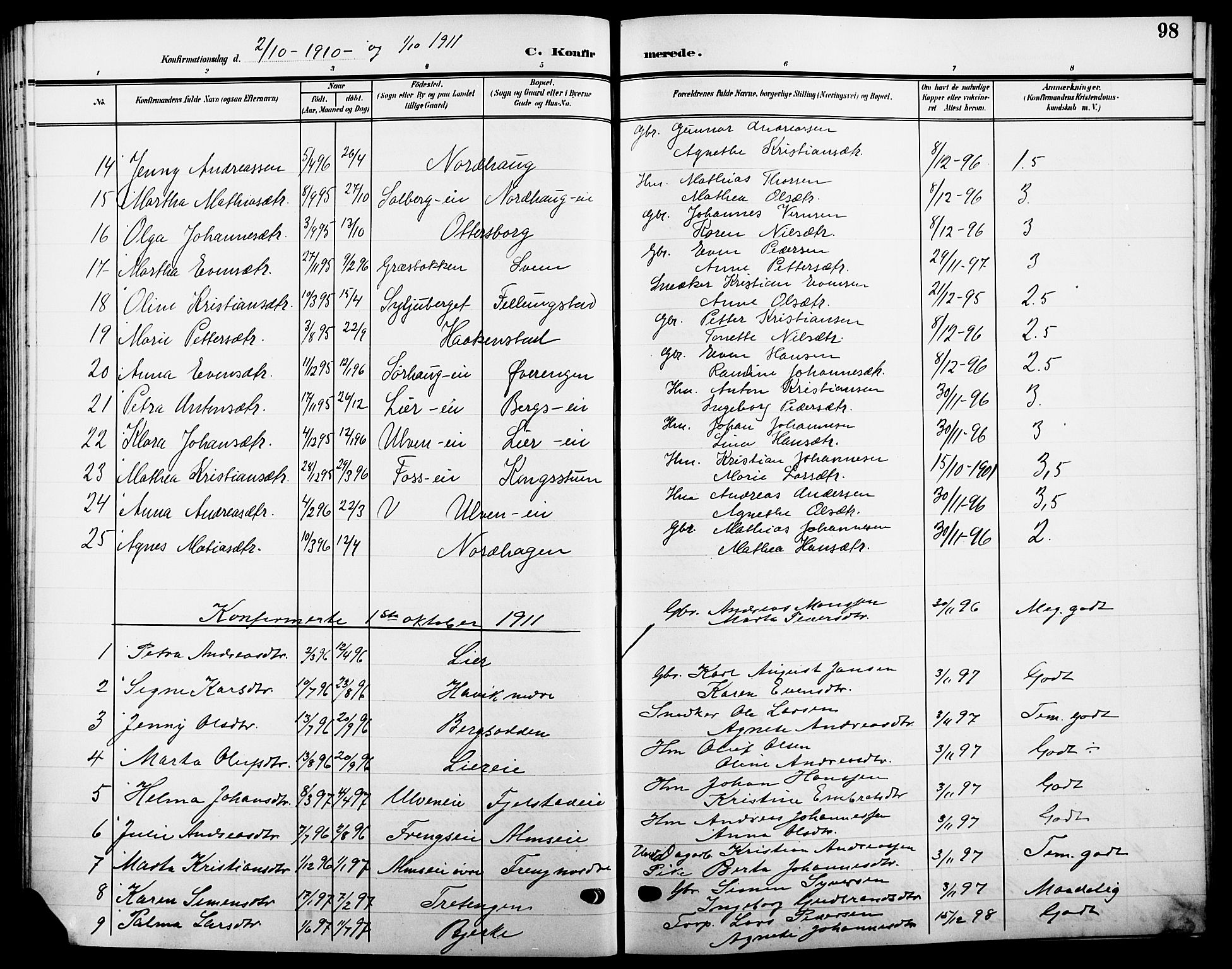 Ringsaker prestekontor, SAH/PREST-014/L/La/L0016: Parish register (copy) no. 16, 1905-1920, p. 98