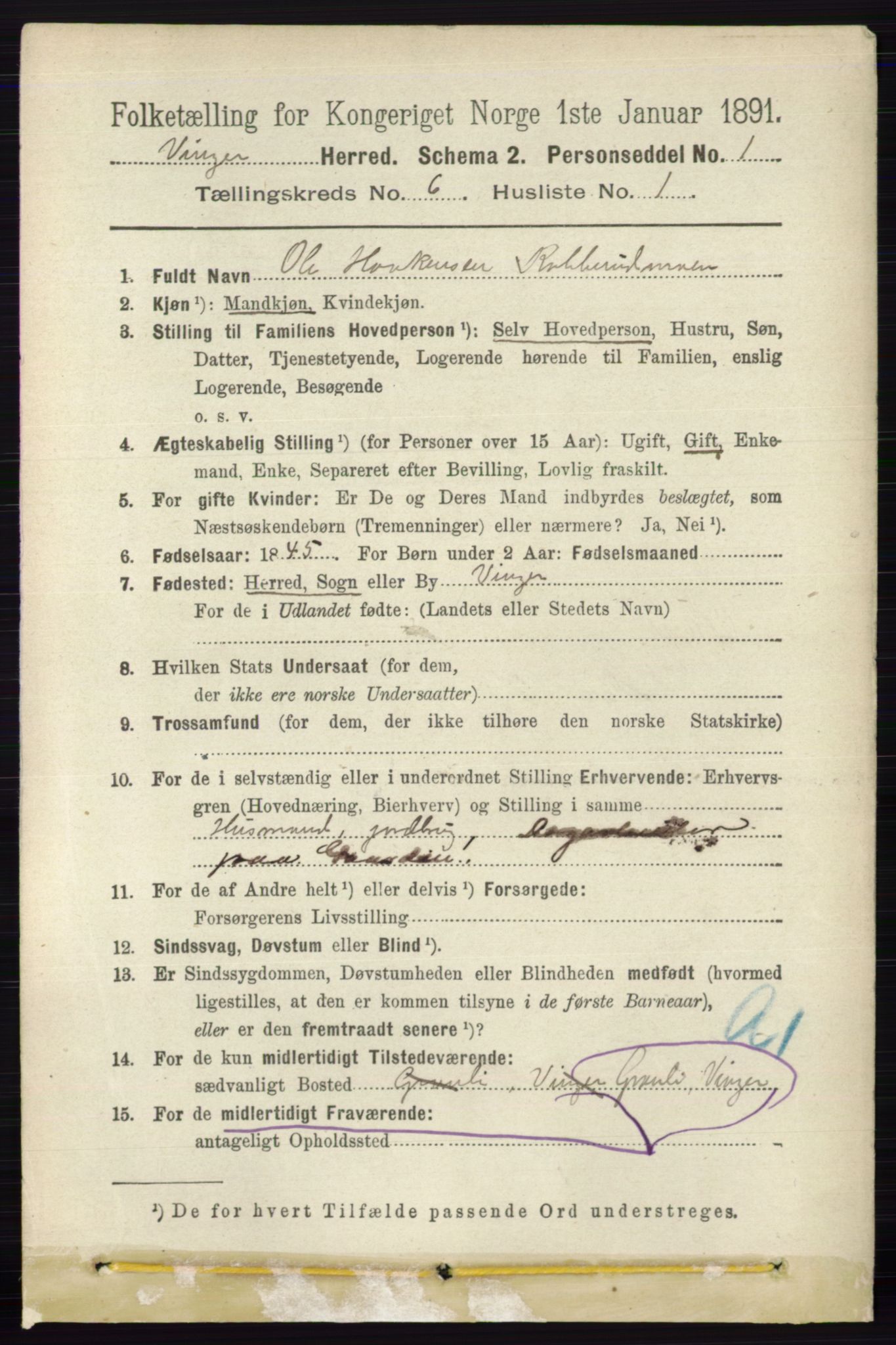 RA, 1891 census for 0421 Vinger, 1891, p. 2612