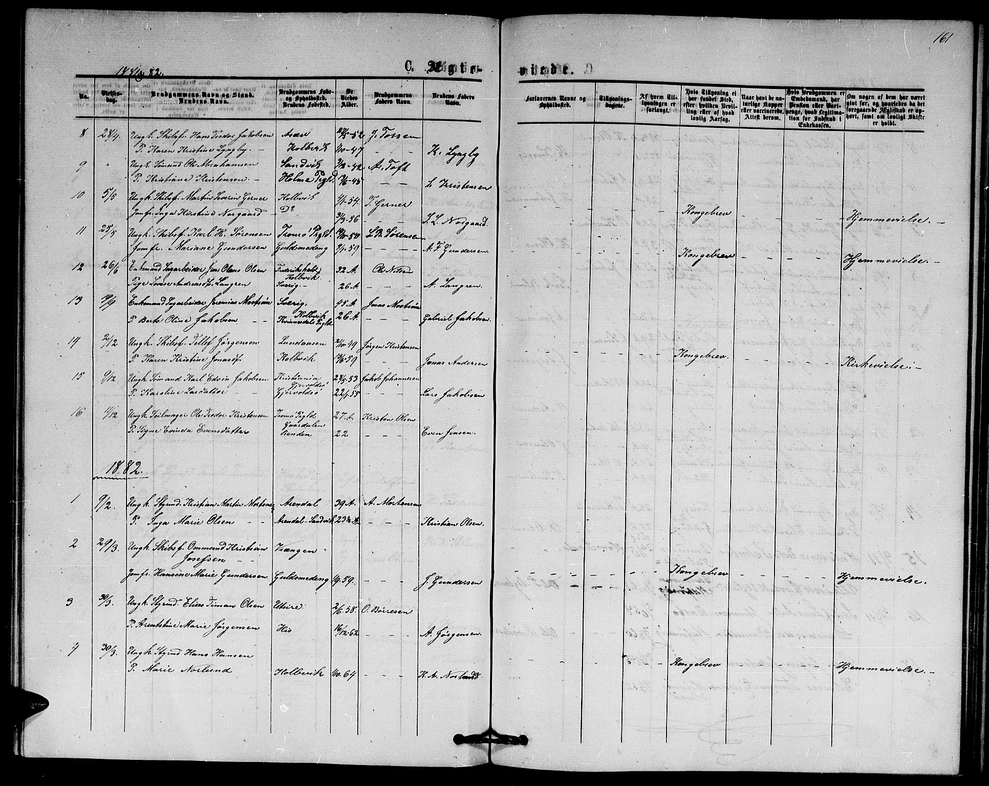 Hisøy sokneprestkontor, SAK/1111-0020/F/Fb/L0002: Parish register (copy) no. B 2, 1873-1885, p. 161