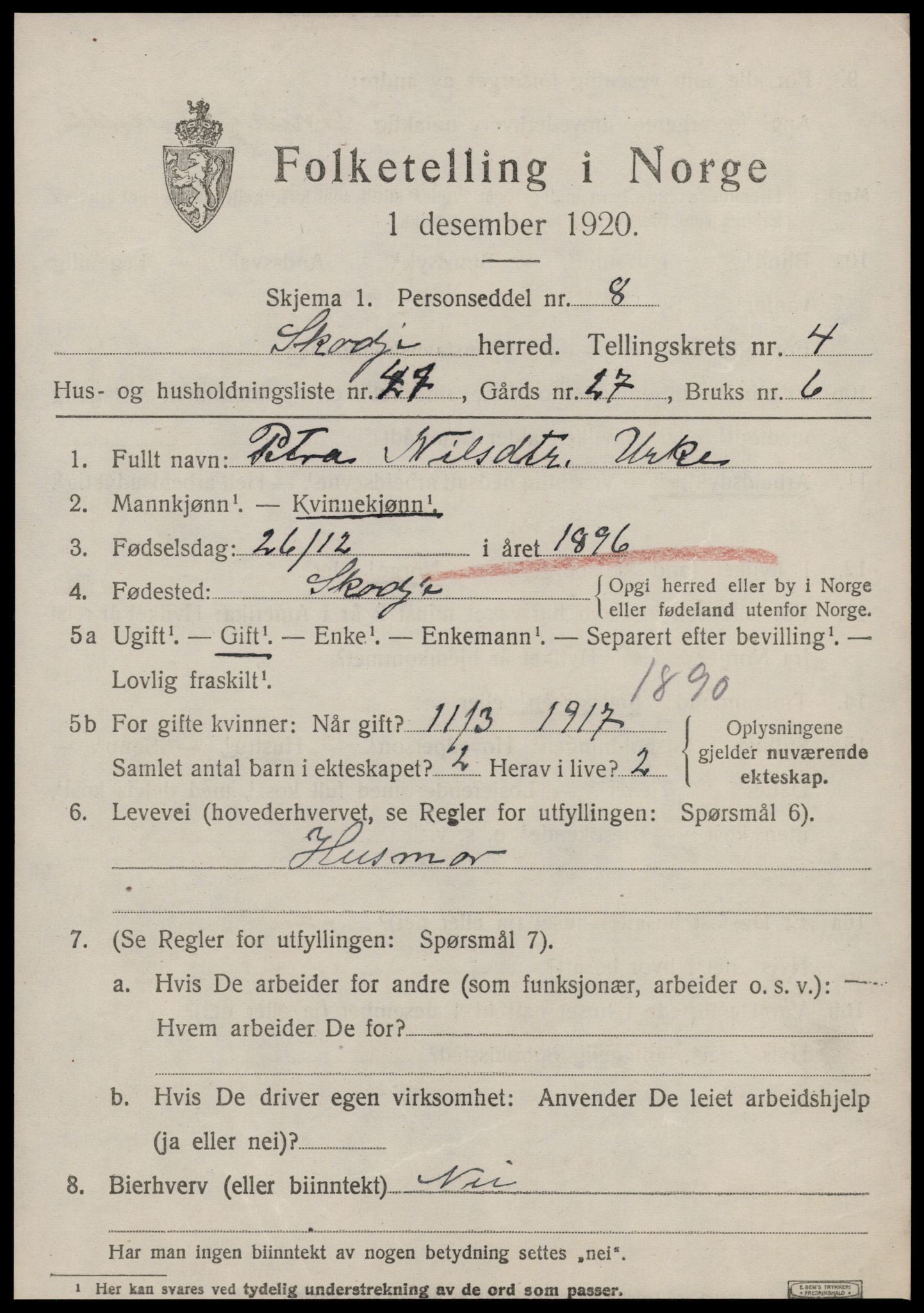 SAT, 1920 census for Skodje, 1920, p. 2291