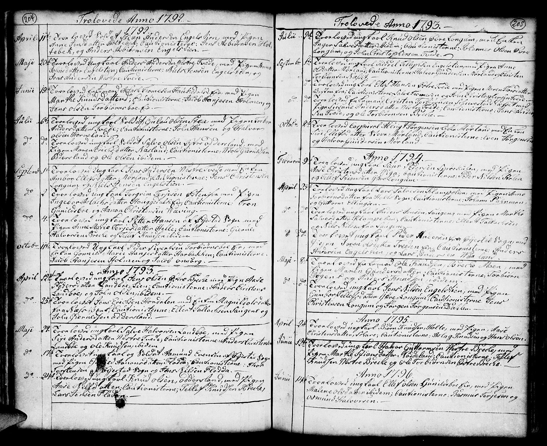 Austre Moland sokneprestkontor, AV/SAK-1111-0001/F/Fa/Faa/L0002: Parish register (official) no. A 2, 1747-1808, p. 204-205