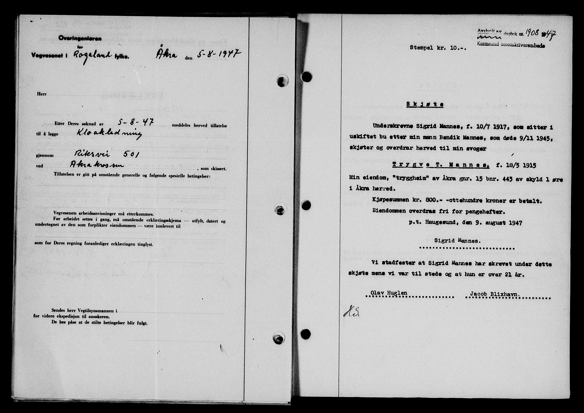 Karmsund sorenskriveri, SAST/A-100311/01/II/IIB/L0090: Mortgage book no. 70A, 1947-1947, Diary no: : 1908/1947